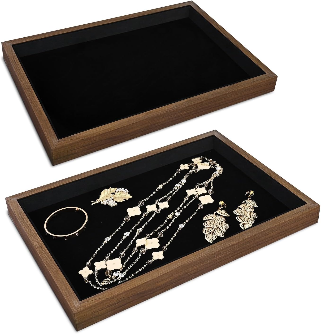 MOOCA 2 Pcs Wooden Jewelry Display Tray, Presentation Tray, Organizer for Rings, Necklaces, Earrings, and Accessories, Walnut Color with Black Suede, 14" W x 9.6" D x 1.2" H