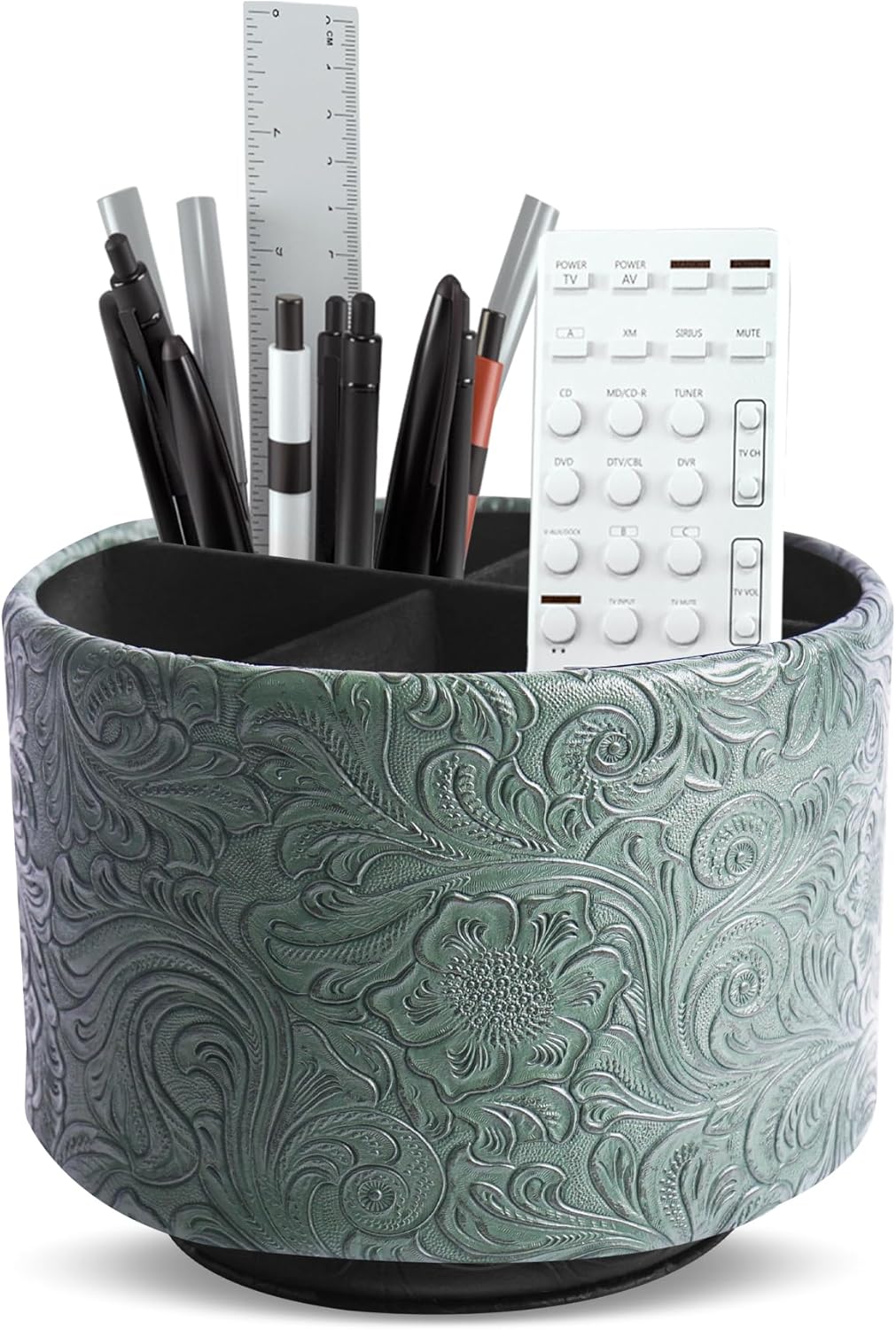 lizimandu Round Leather Art Supply Organizer,Remote Control Holder,360 Degree Spinning,Multi-Functional Pencil Holder,4 Compartments Desktop Stationary Organizer(1-Carved Cooper Green)