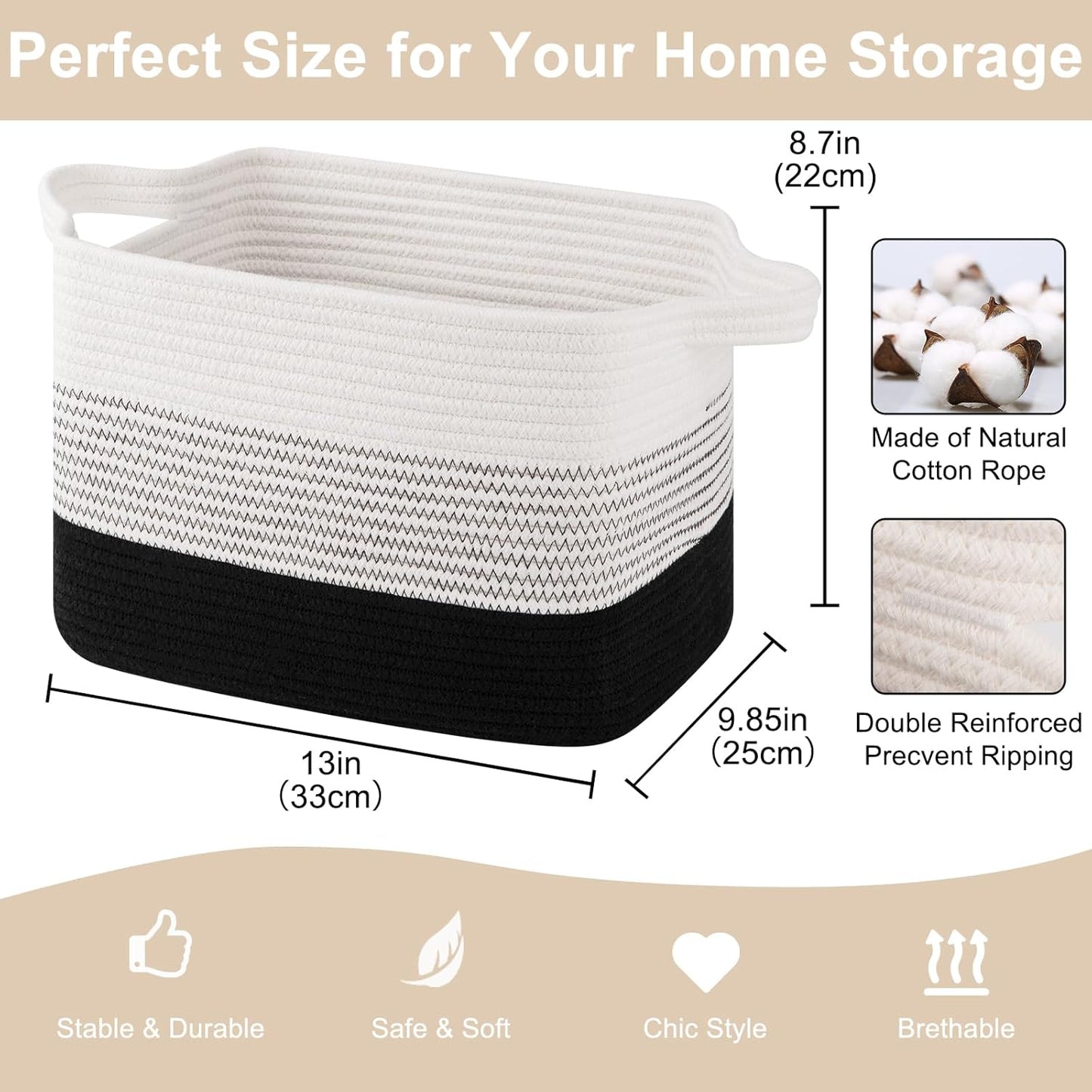 Storage Baskets for Organizing, Woven Baskets for Shelves, Rectangle Decorative Organizer for Storage Clothes, Toy, Books, Towels Nursery Bins 3 Pack (Gradient Black, 13"x9.85"x8.7")