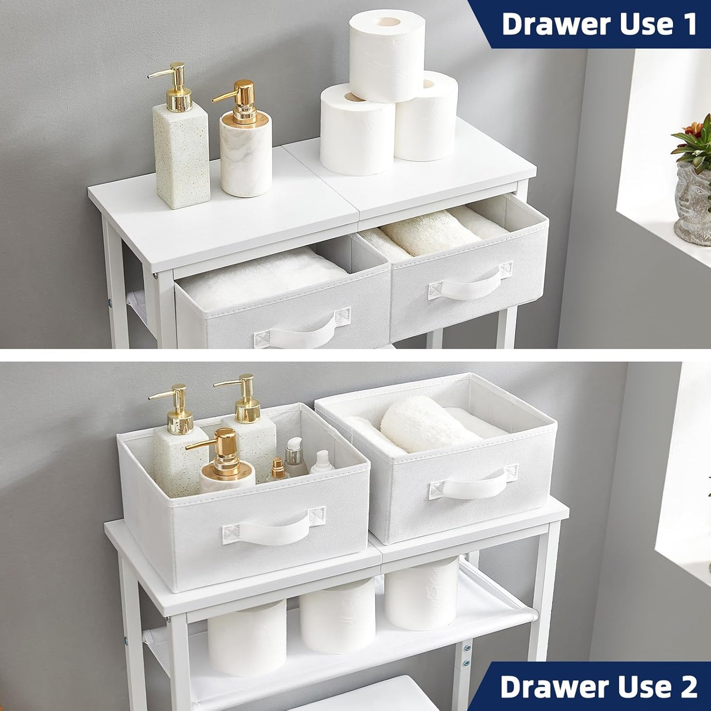 MOHOPE 2-Tier Over The Toilet Storage with 2 Fabric Drawers, Freestanding Above The Toilet Storage Cabinet, Space Saver Metal Over Toilet Bathroom Organizer Shelf for Small Space, White