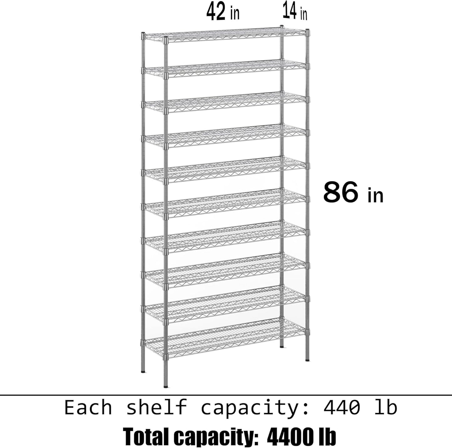 14" Deep x 42" Wide x 86" Height Wire Shelving Kit | 10-Tier | NSF Commercial Storage Rack Unit