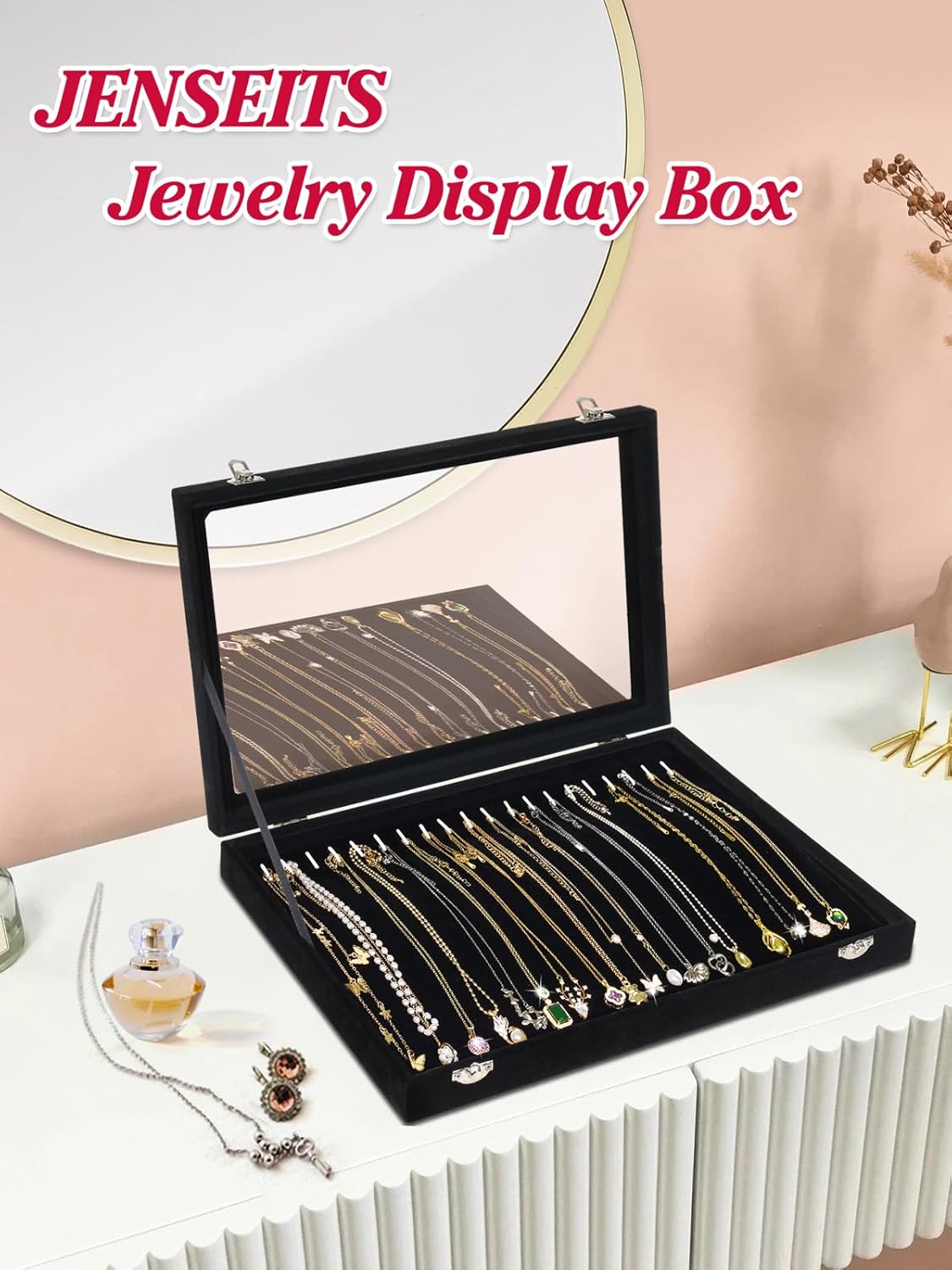 Jenseits Necklace Organizer Box, Tray with Clear Lid, Velvet Dustproof Necklaces Holder Storage Display Case, 20 Hooks Glass Top Jewelry Tray Drawer Insert for Pendant Bracelet