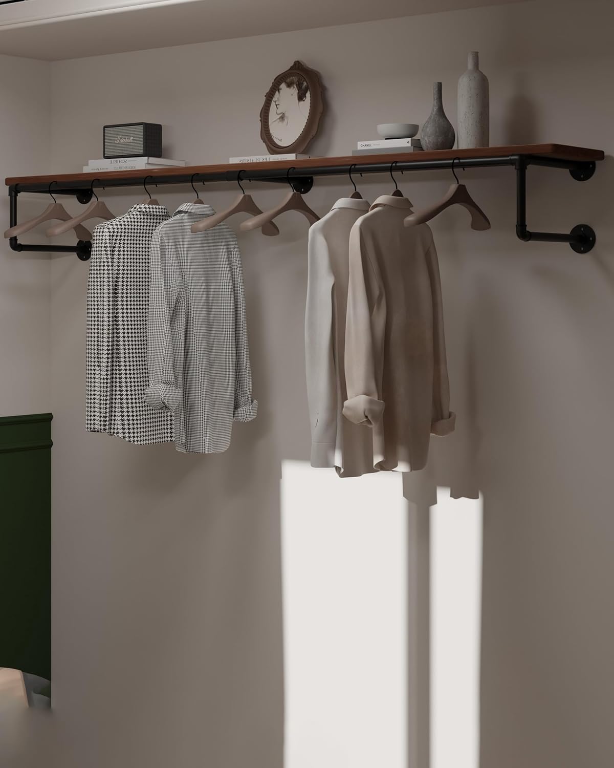 Clothes Rack 70in, Wall Mounted Garment Racks with Real Brown Wood Shelf, Heavy Duty Hanging Clothes Rack, Multi-Purpose Hanging Rod, Space-Saving Closet Storage