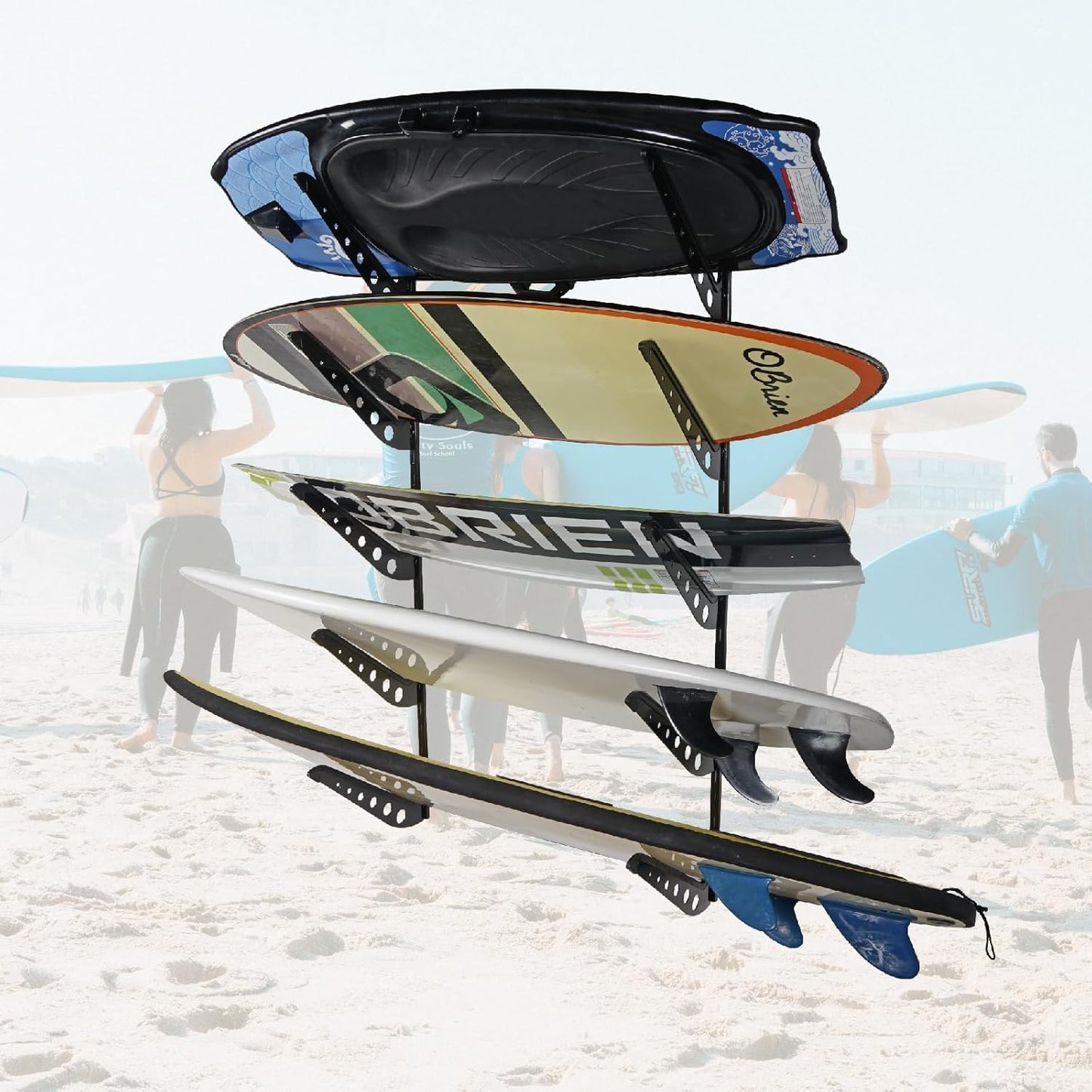 5 Board Surf Rack Wall Mount for Surfboard, Wakeboard, Snowboard Storage Adjustable Wall Hangers Boards Display, Black