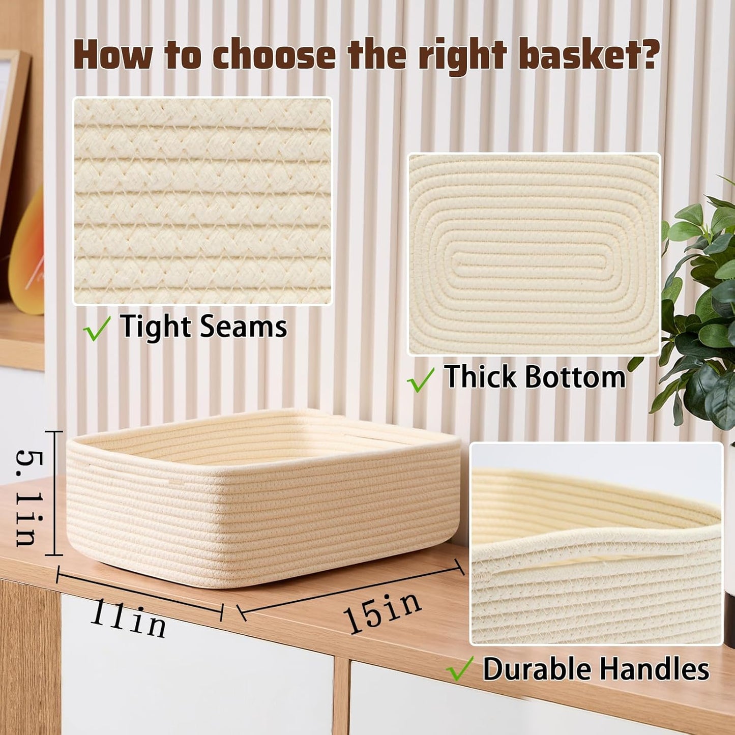 Large Shallow Organizing Baskets 15x11x5.1 Inches - Rope Woven Storage Bins for Bathroom, Shelves, Cube Closet, Beige 3 Packs