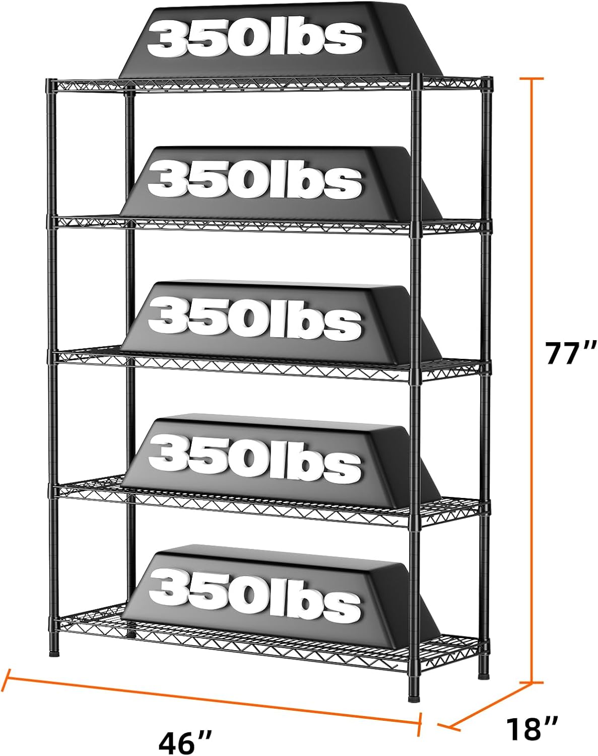 SINGAYE 5 Adjustable Heavy Duty Garage Shelving Wire Shelves Metal Standing Units Bathroom Organizers and Storage Shelf Closet Metal Pantry Kitchen 18" DX46 WX77 H Black