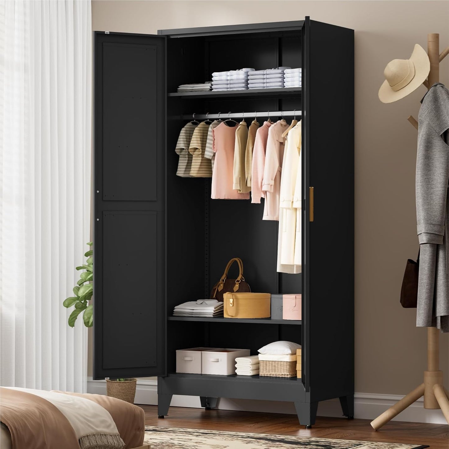 71" Tall Metal Wardrobe Closet with Adjustable Shelves and Hanging Rod, 2 Doors Free Standing Armoire Wardrobe Cabinet for Bedroom, Office, Laundry Room, Black