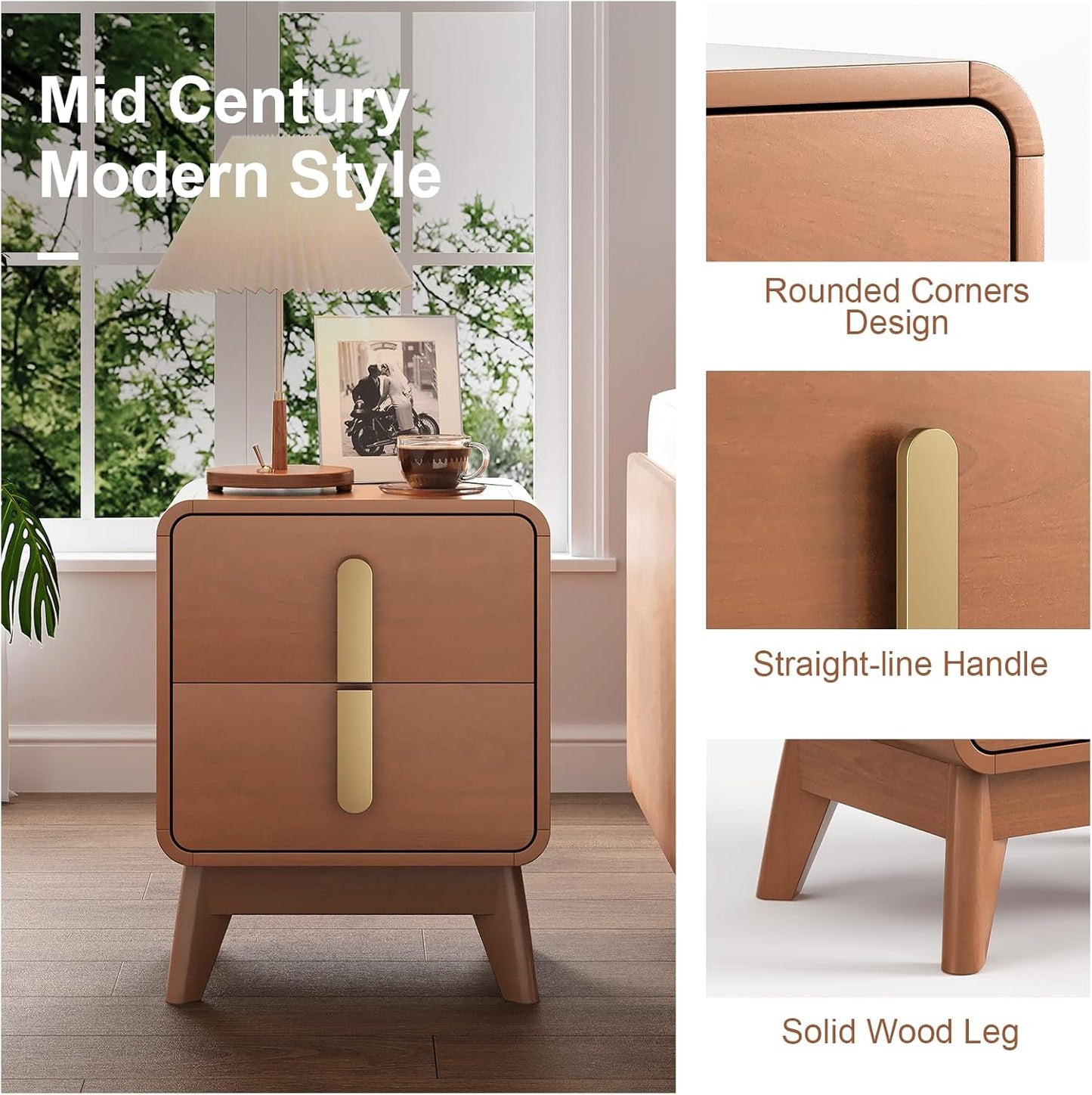 Night Stand Set 2, Mid Century Modern Bedside Table with Drawers, Curved Profile Design End Table with Metal Handle, Nightstand Set of 2 with Storage, Bed Side Tables for Bedroom, Cherry