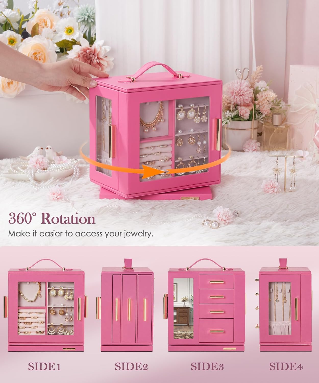 Homde Christmas Gifts Jewelry Box 360° Rotating, Necklace Earring Organizer with Transparent Window, Mirror, 7 Drawers, Large Ring Display Storage Case for Girls Women (Pink)