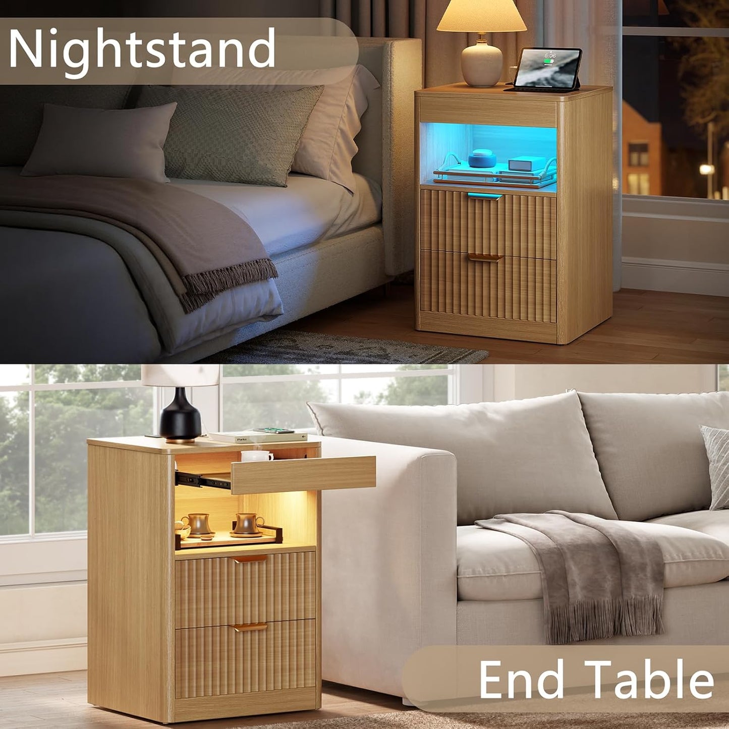 REAHOME Fluted Nightstand Set of 2 with Charging Station, Modern LED Night Stand with 2 Drawers and Pull Out Tray, Wood Bedside Table, End Side Table with Open Shelf for Bedroom,Natural
