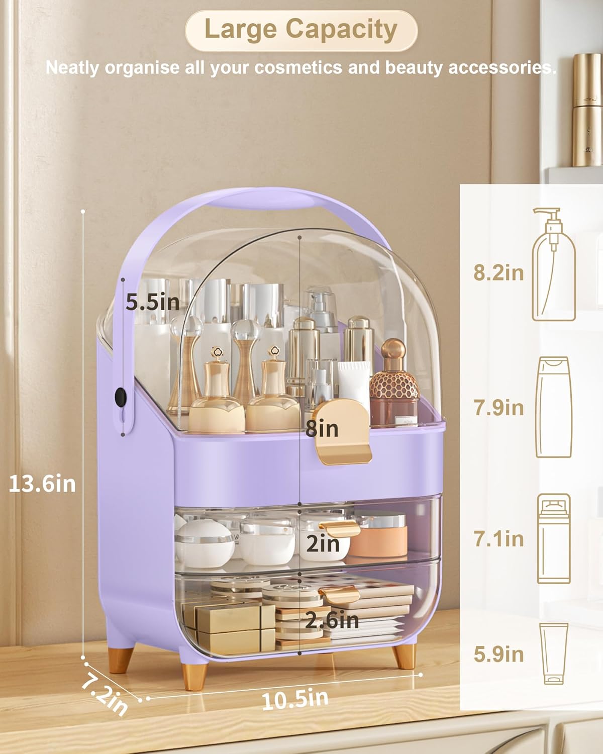 Makeup Organizer Countertop, Skincare Holder Bathroom Counter Organizer, Storage Box Cosmetic Display Cases, Teen Girl Gifts Make up Organizers for Vanity, Dresser (Purple)