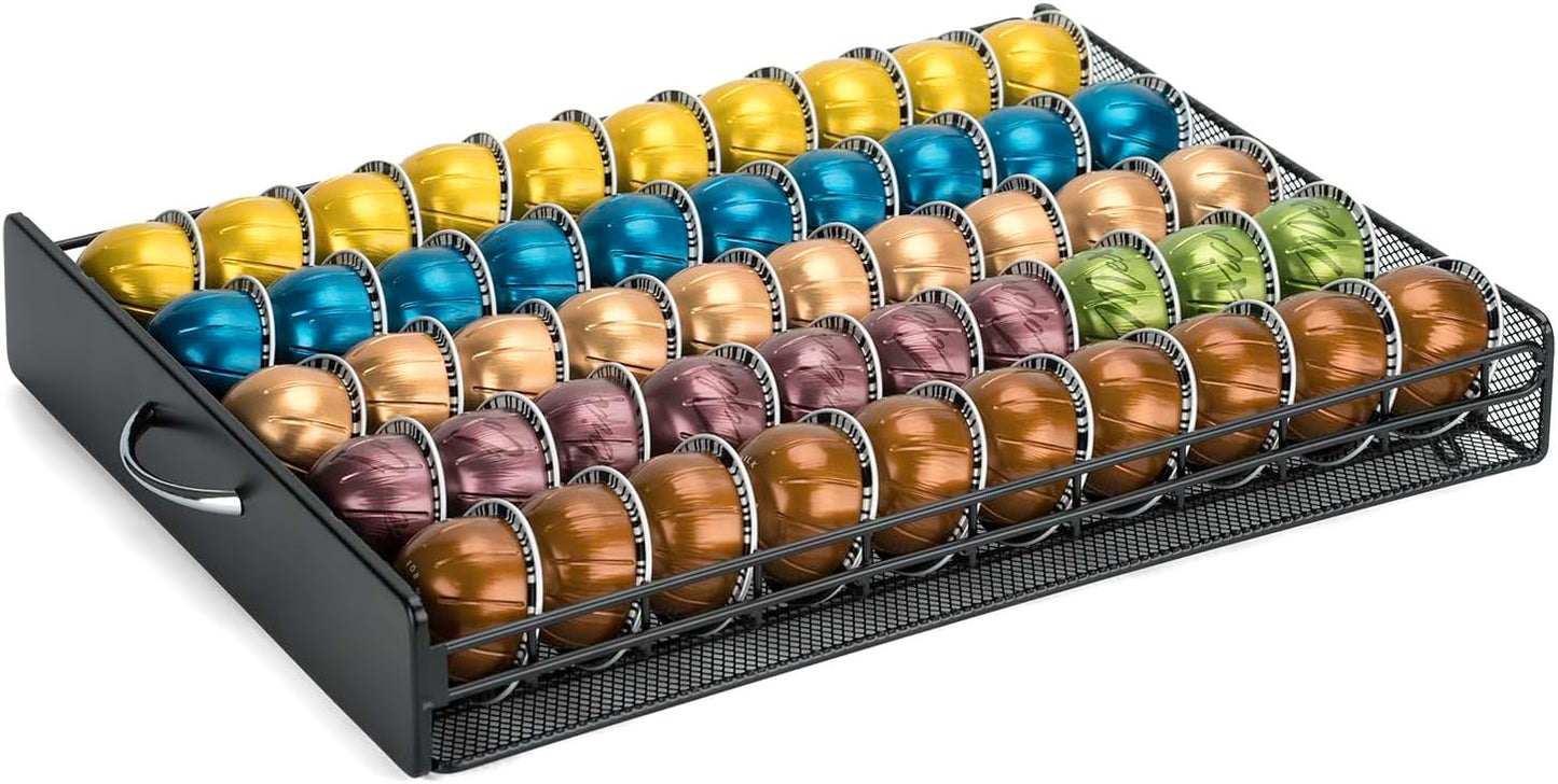for Vertuo Coffee Capsule Storage Drawer Compatible with Nespresso Vertuoline Pods Holder Metal and Wood Top Organizer (can hold 50 Pods)