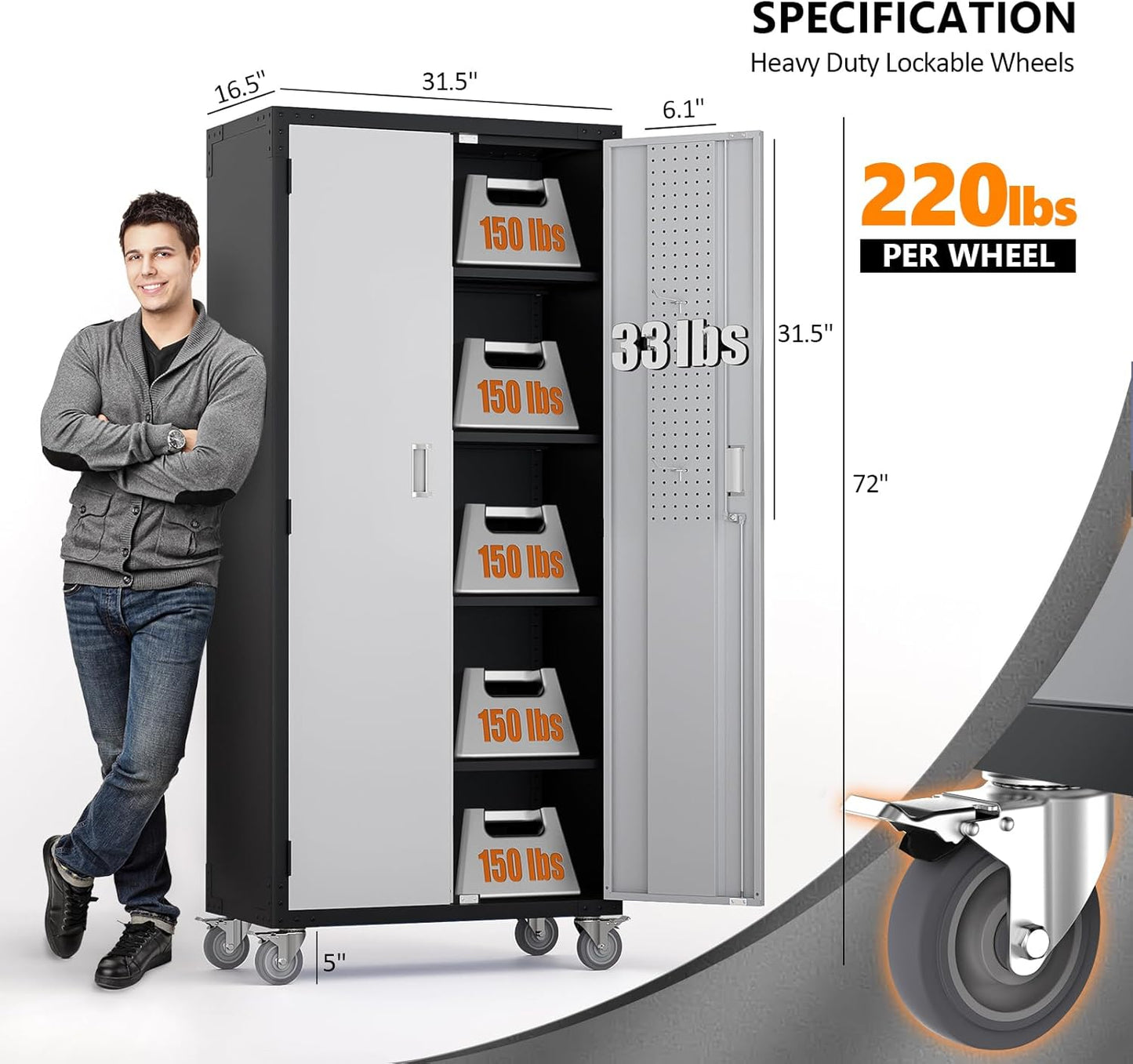 VINGLI 72'' Tall Garage Storage Cabinet, Metal Storage Cabinet with Wheels, Locking Doors and Adjustable Shelves (Black & Silver, 32''W x 16''D x 72''H)