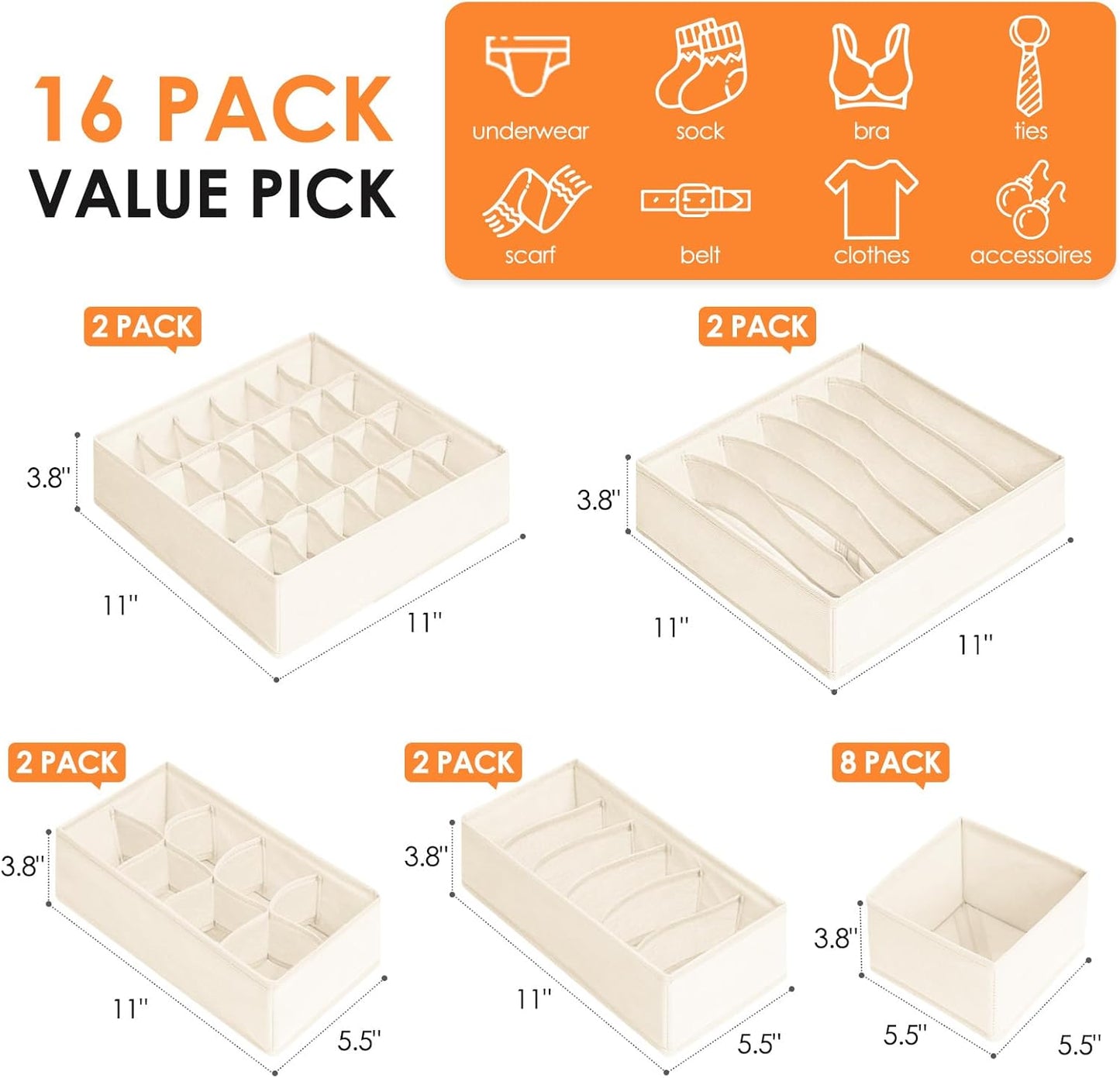 Criusia Drawer Organizer Clothes, 16 Pack Dresser Organizer Bins for Baby Clothes, Underwear Sock, Fabric Closet Organization and Storage Dividers for Nursery Bedroom (96 Compartments, Beige)