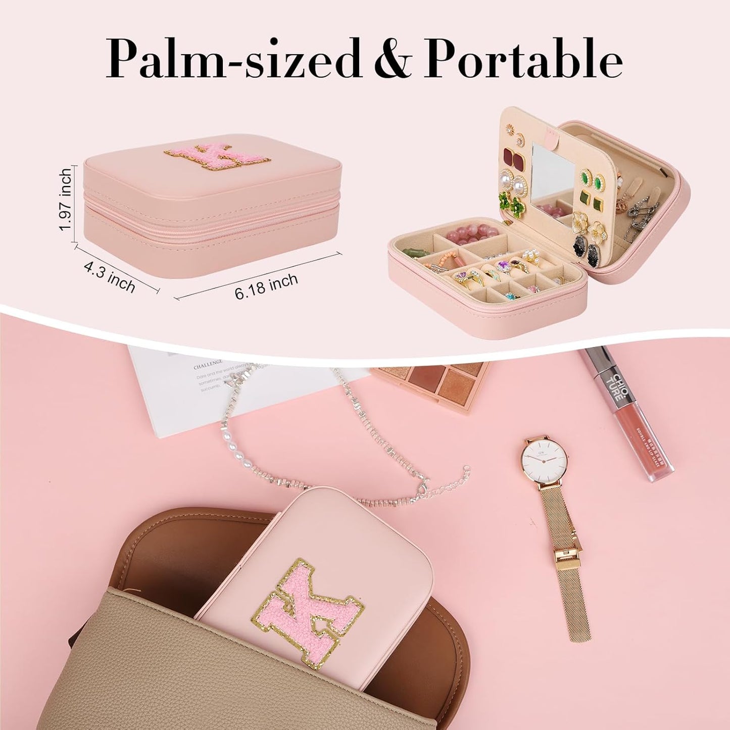 TopPerfekt Travel Jewelry Case, Jewelry Box with Mirror, Jewelry Organizer Bridal Shower Gifts to Her, Earring Storage Travel Case, Trendy Gift for Women and Girls, Girlfriend-Letter H, Pink