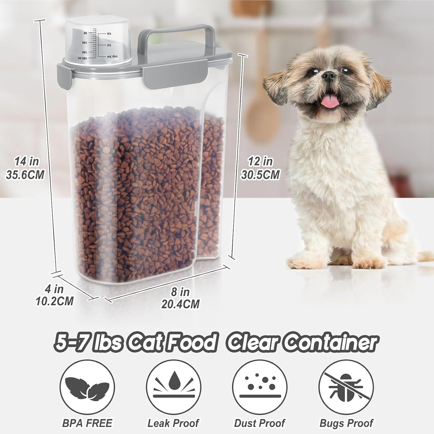 5-7Lbs Dog Cat Food Storage Container with Upgraded Large Nozzle BPA-free, 4 Snap Seals Plastic Pet Food Storage Containers with Handles (Light Gray, 5L-1pack)