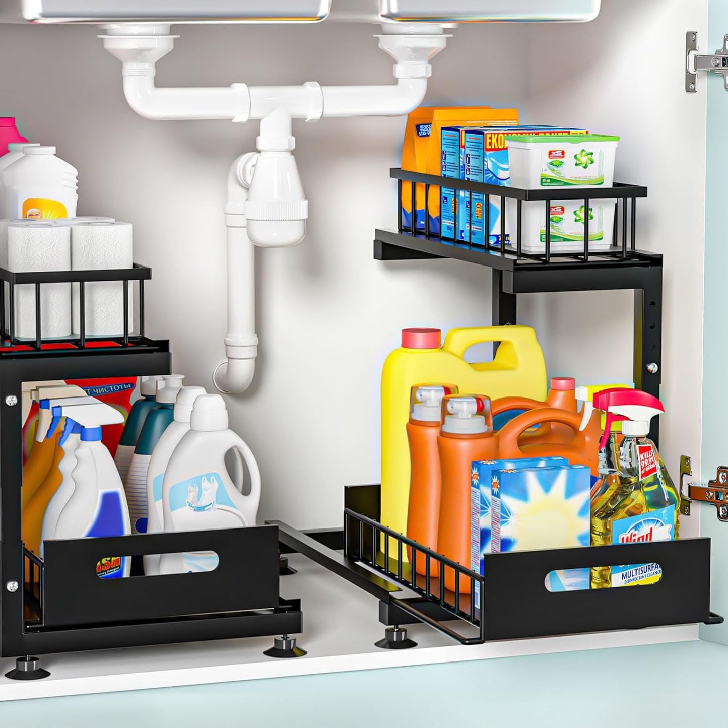 Under Sink Organizer, 2-Tier Pull Out Cabinet Drawer with Adjustable Height 13.7-17.1", Kitchen Bathroom Storage Rack, Heavy Duty Metal Sliding Basket Shelf