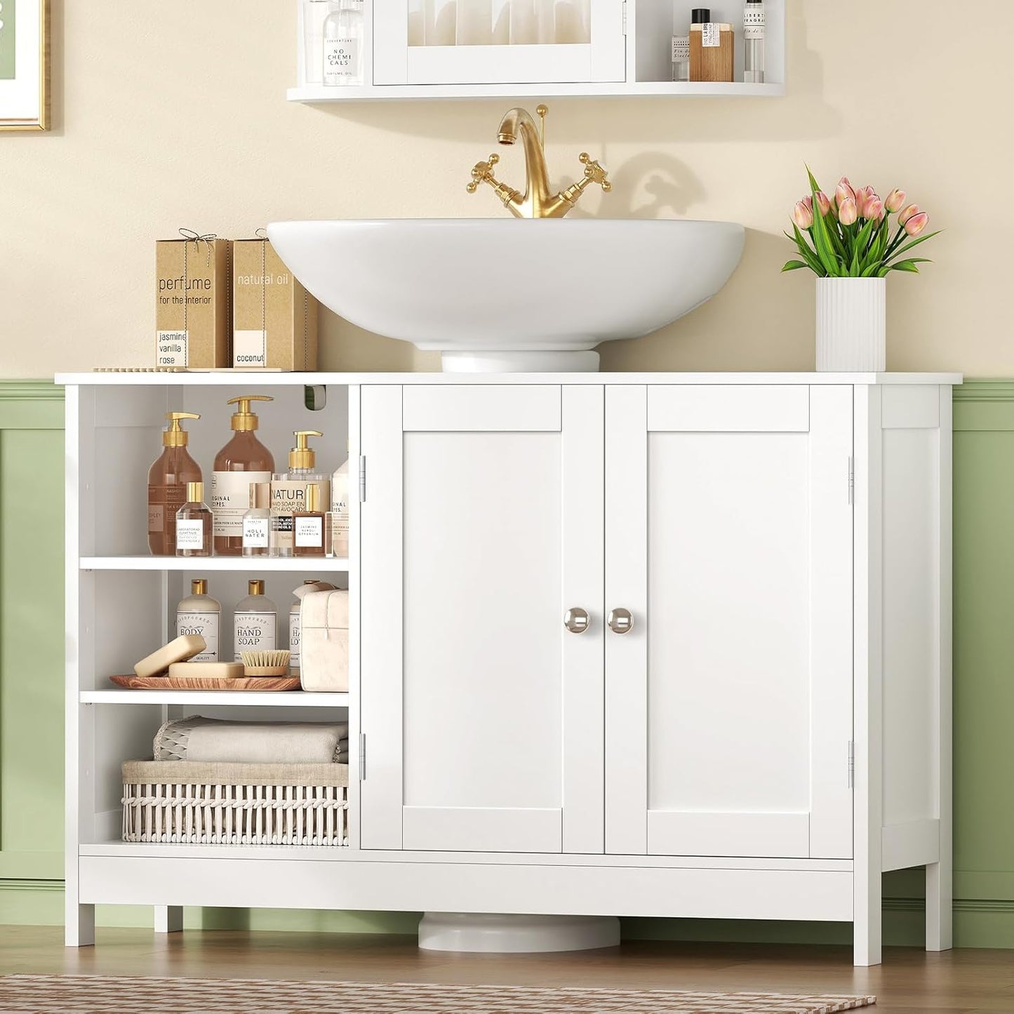 TEENFON 35.4" Pedestal Sink Storage Cabinet with 2 Doors and Adjustable Shelves, Bathroom Sink Cabinet, Under Sink Storage with U-Shape Cut-Out, White