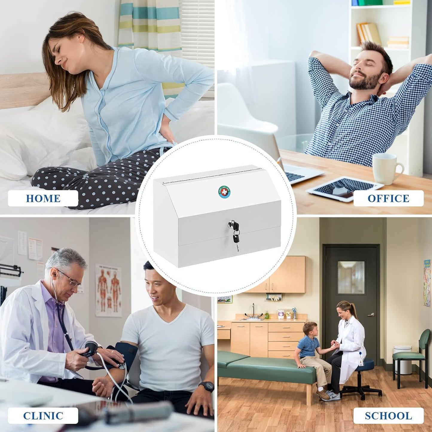 KYODOLED Wall Mount Medicine Lock Box, Drug Cabinet with Key, Large Capacity Secure Steel Prescription, First Aid Kit for Emergencies Home and School use, White, 12.2 * 5.9 * 7.87 inch