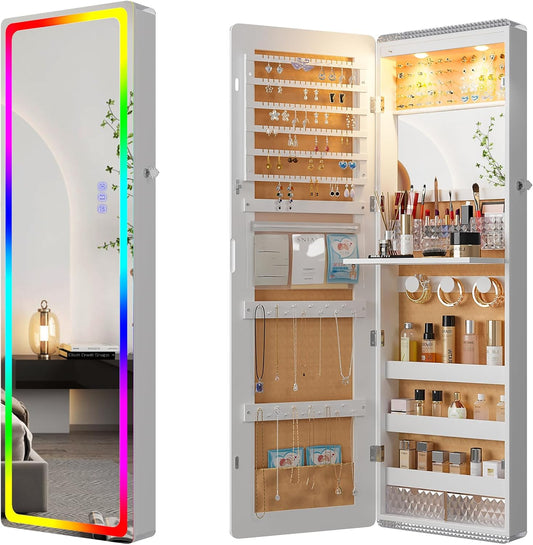 HNEBC LED Mirror Jewelry Cabinet with RGB Lights,47.2" Wall Mounted Jewelry Organizer with Full-Length Mirror,Over The Door Hanging Jewelry Armoire Storage Cabinet,Folding Dresser,2 Drawers,Lockable