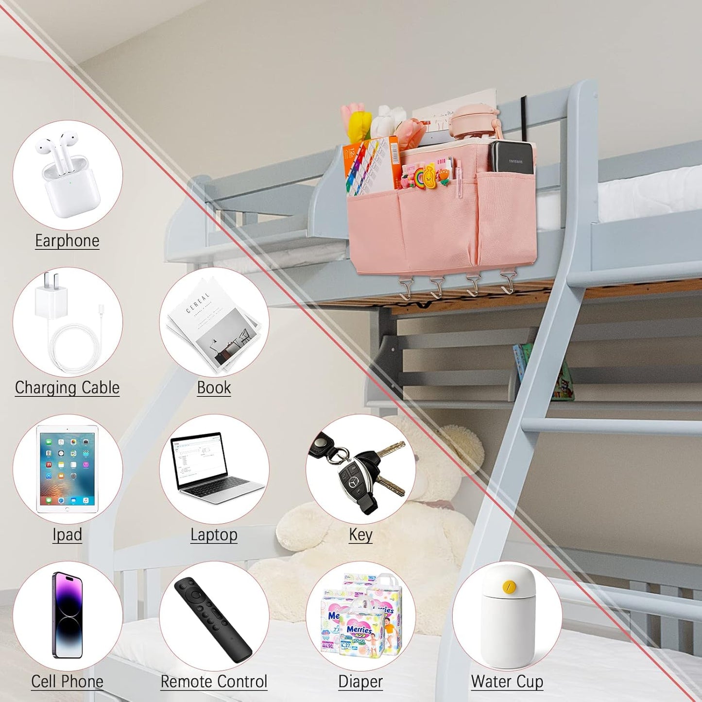 Bedside Storage Organizer 5 Pockets with 4 Hooks Hanging Storage Bag for Headboards/Bunk Bed (Pink)