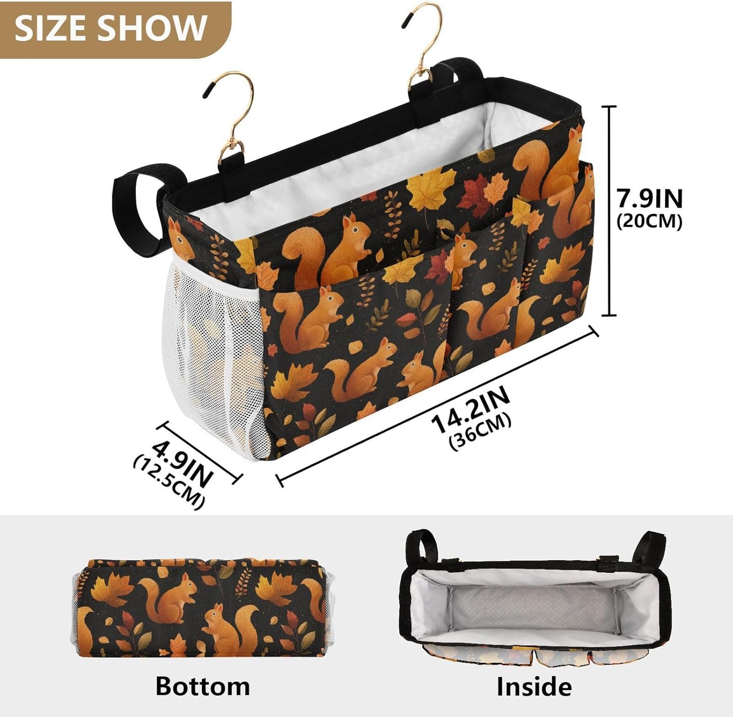 Black Orange Squirrel Leaves Falling Bedside Caddy for Dorm Bed Bedside Hanging Caddy Bag Iron Frame Storage Organizer Pocket for Bunk Home College Hospital Beds 2 Hooks