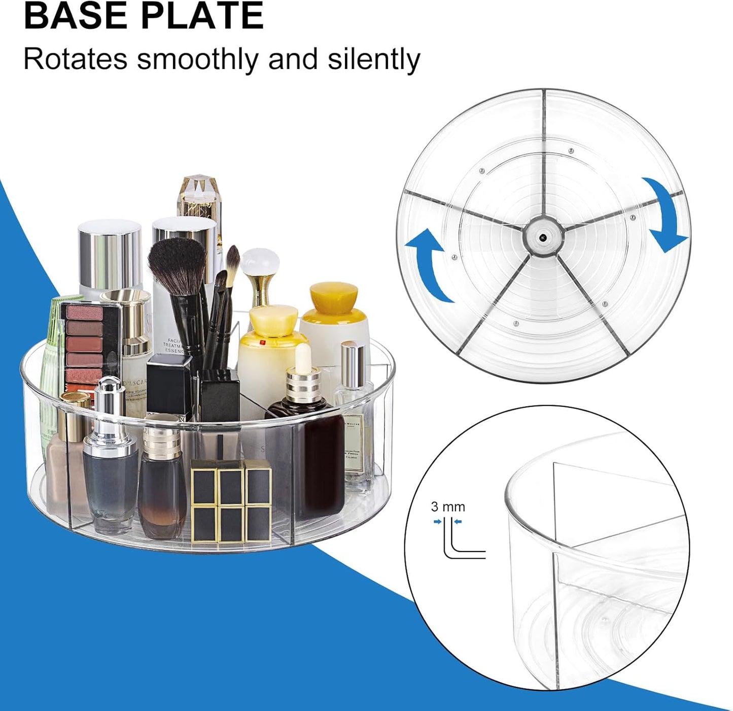 360° Rotating Makeup Organizer 11.5" Clear Turntable Lazy Susan Organizer for Vanity, Bathroom Counter, Pantry, Cabinet, Spinning Cosmetic Storage Holder with 5 Dividers for Skincare, Makeup Brushes