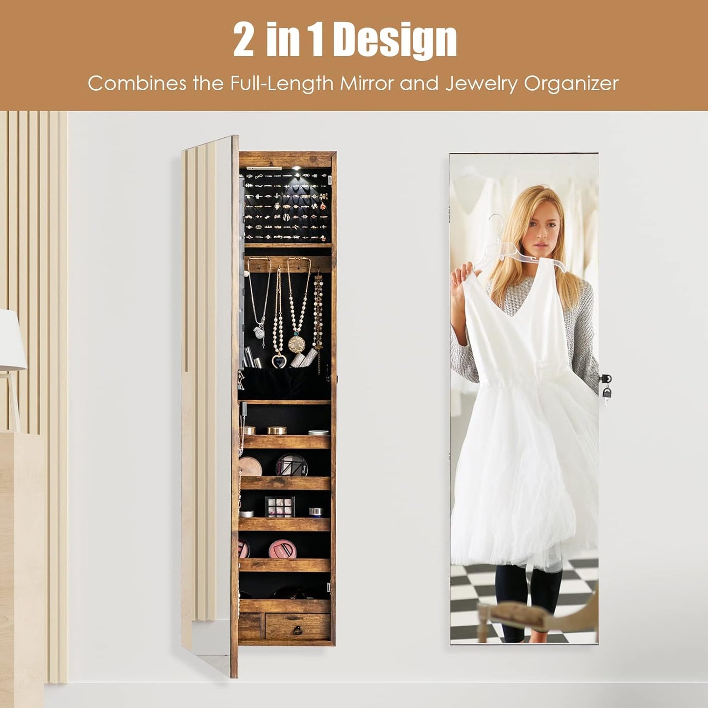 Giantex Wall Door Mounted Jewelry Armoire Cabinet with 47.5" H Full Length Mirror, 2 LEDs Lockable Jewelry Organizer Box with Bracelet Rod, 2 Drawers, Large Storage Capacity (Rustic Brown)