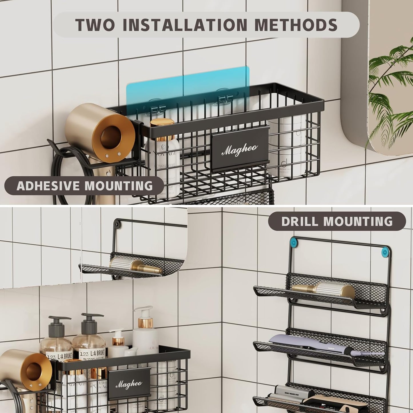 Hair Dryer Holder Wall Mounted, Adheisve Hair Styling Tool Organizer for hair Brush/Appliance Wall Mount with 4 Tier Shelf Basket Hooks Blow Dryer and Straightener Holder for Bathroom(Black)