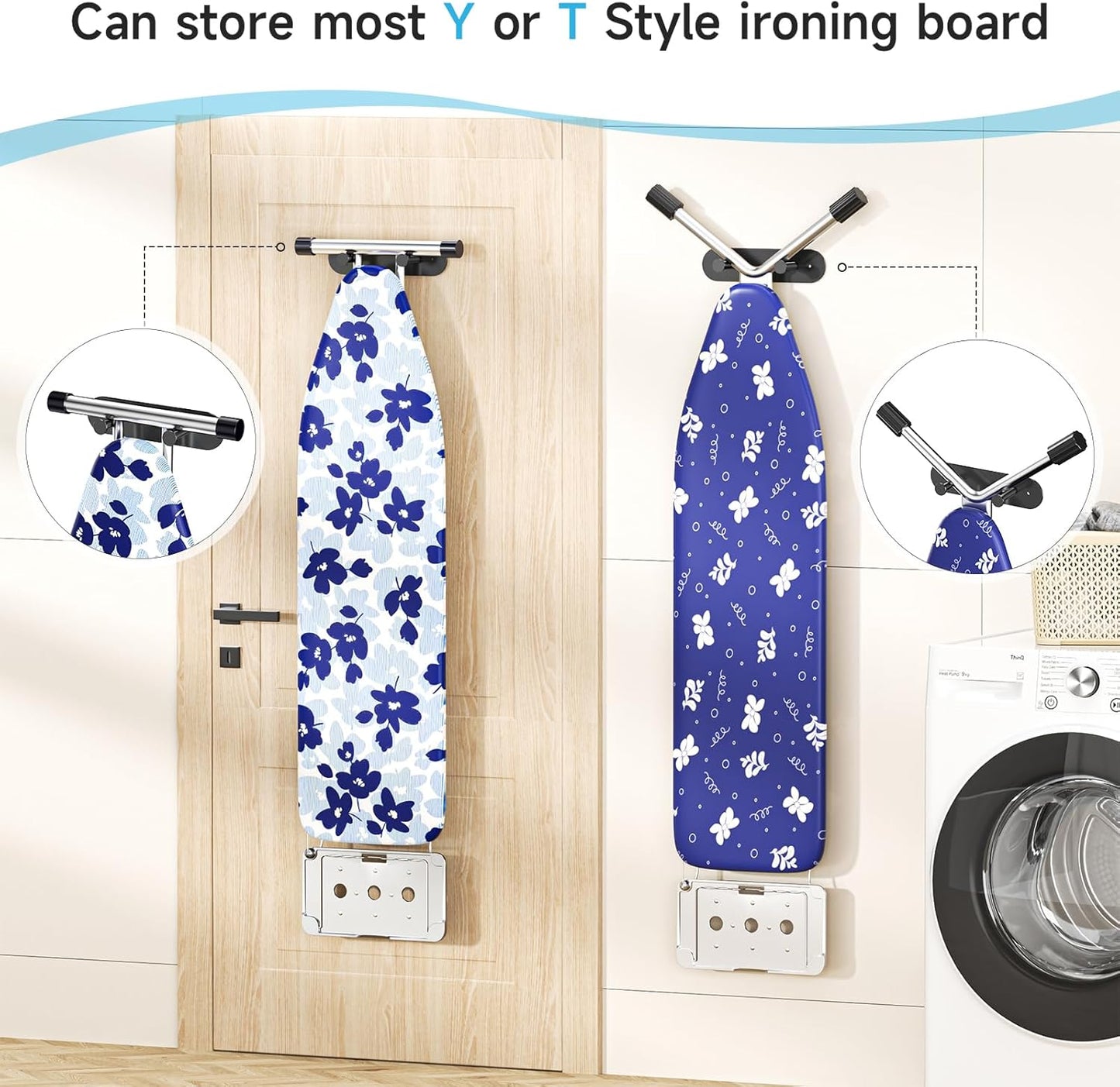 Ironing Board Holder Wall Mount,Ironing Board Hanger with Removable Hooks, Laundry Rooms Stainless Steel Ironing Boards Hook for Wall for Y or T Leg (Black)