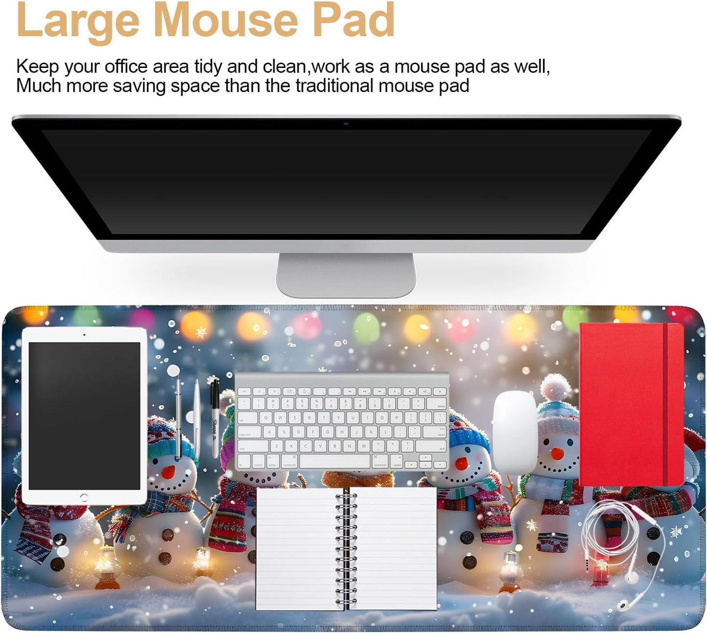 Large Mouse Pad, Snowman Christmas Desk Mat, Extended Gaming Mouse Pad with Non-Slip Rubber Base, Thick 3mm Smooth Surface Keyboard Mat for Office & Home,35.5 x 15.8 in