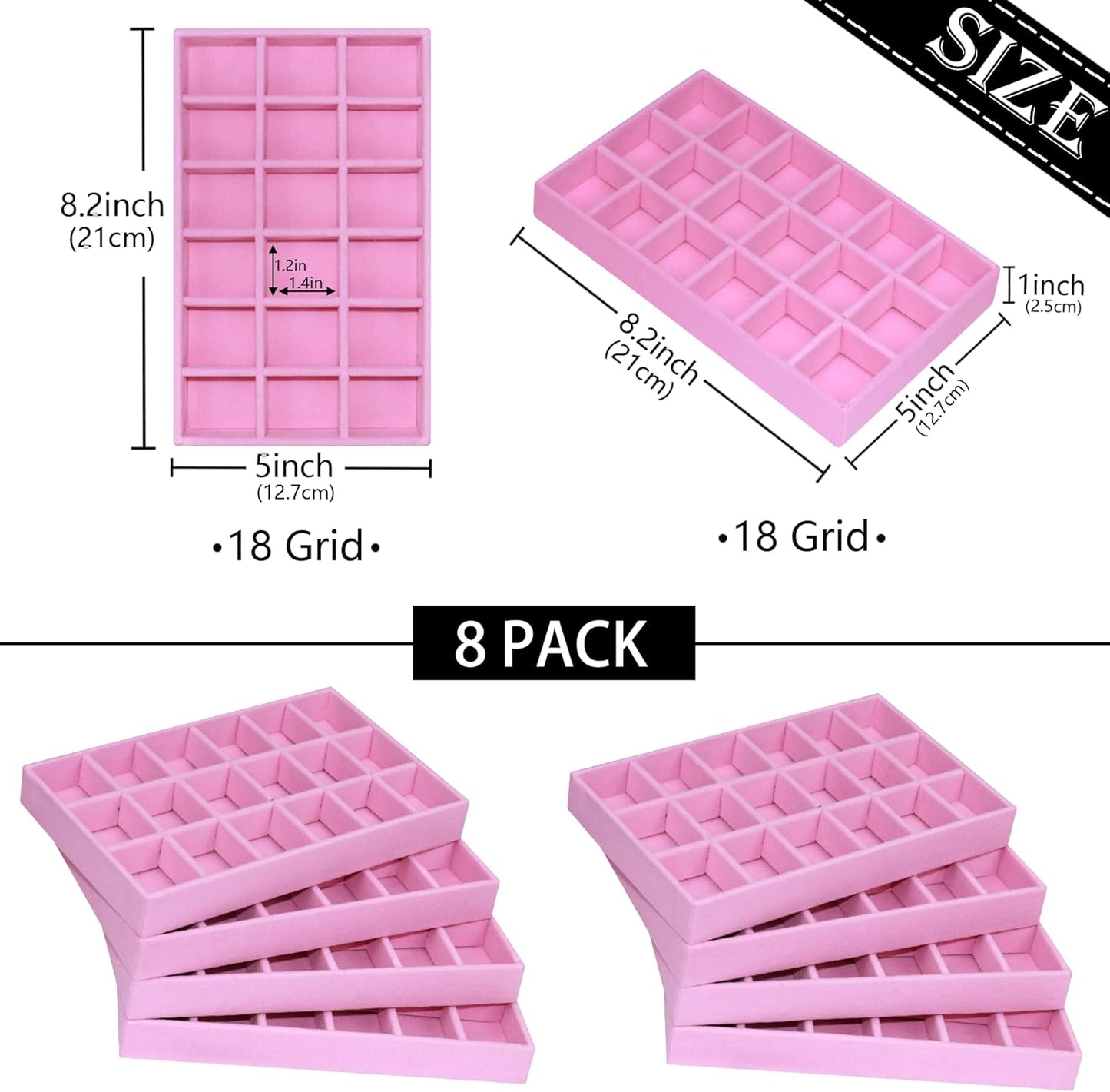 8 Pack Jewelry Organizer Tray, Stackable Velvet Jewelry Storage Box 18-grid Earring Holder Dresser Drawer Organizer for Earring Necklace Ring, Total 144 Grids