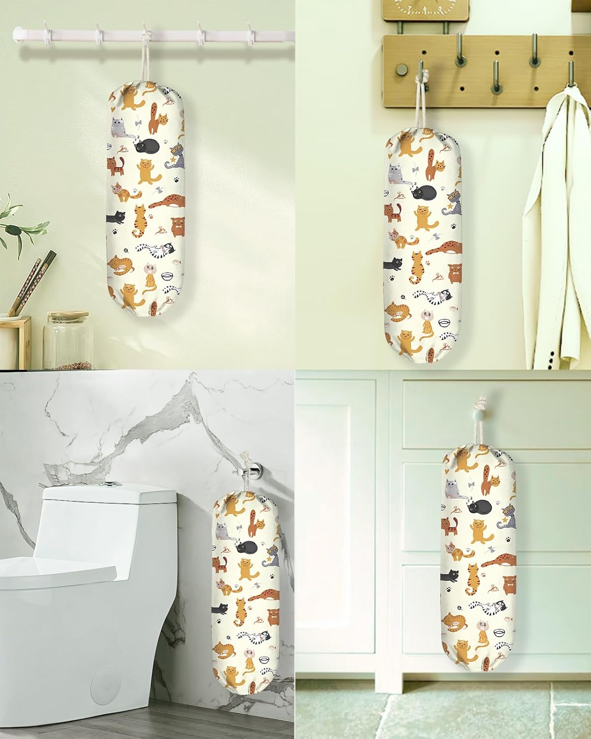 Plastic Bag Holder, Grocery Bag Organizer - 1 Pack Cute Kitchen Dispenser Holders Reusable Shopping Western Hanging Wall with Adjustment Drawstring Closure for Women Home, Cats