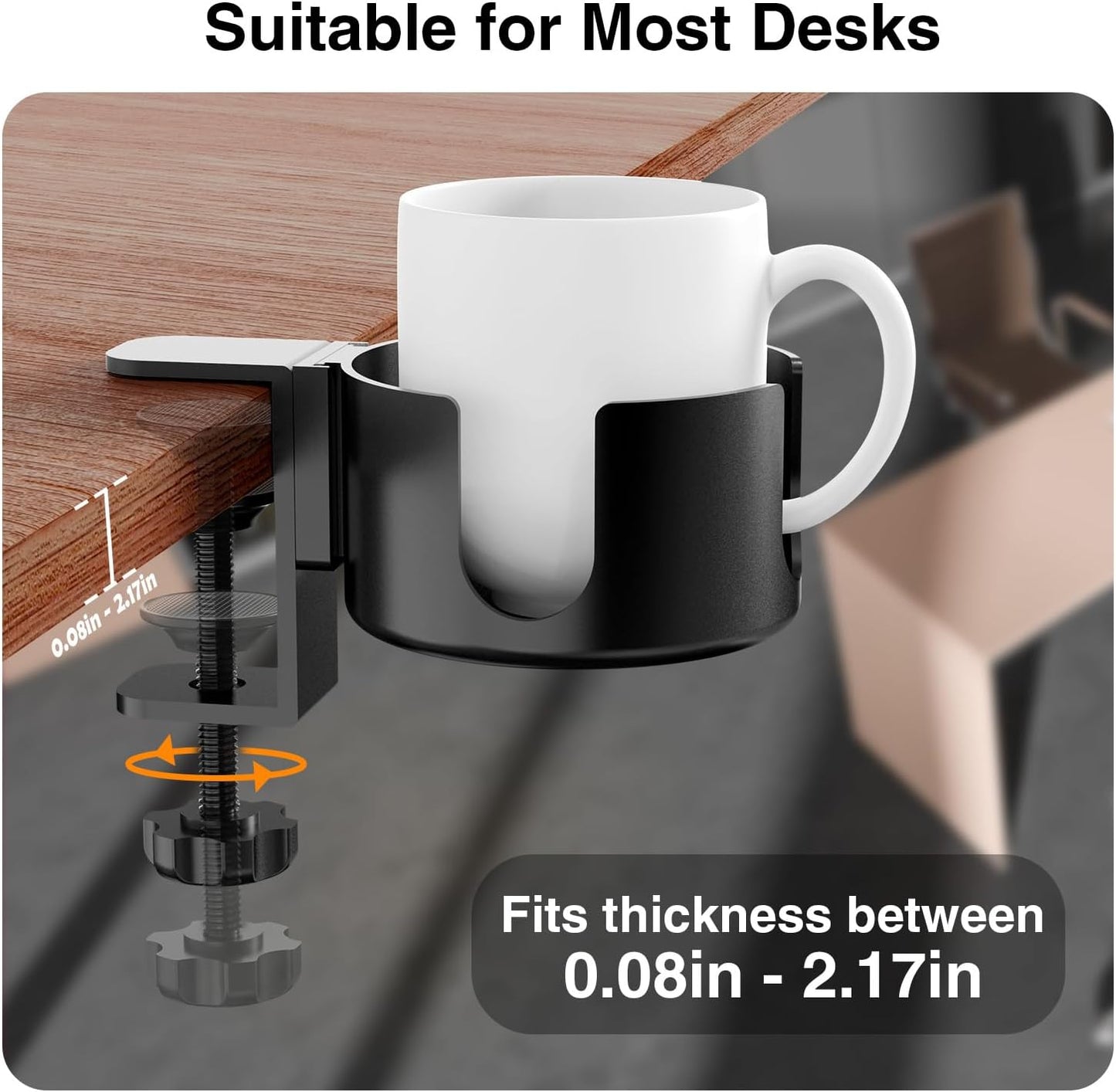 Large Desk Cup Holder Clamp， Anti-Spill Cup Holder for Your Desk or Table,Cup Holder Inner Diameter 9.5cm，Capacity 5kg/11lb Compatible with Universal Cup, Bottles(Black) (Desk Cup Holder)