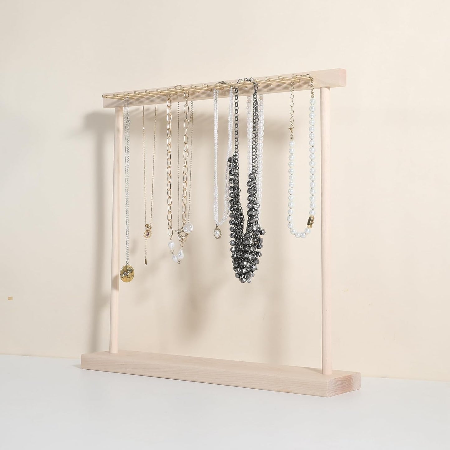 GemeShou Large necklace hanger shelf with 17 copper bars, Wooden jewelry storage organizer rack for hanger necklace bracelet, necklace display stand for boutique store【Marple】