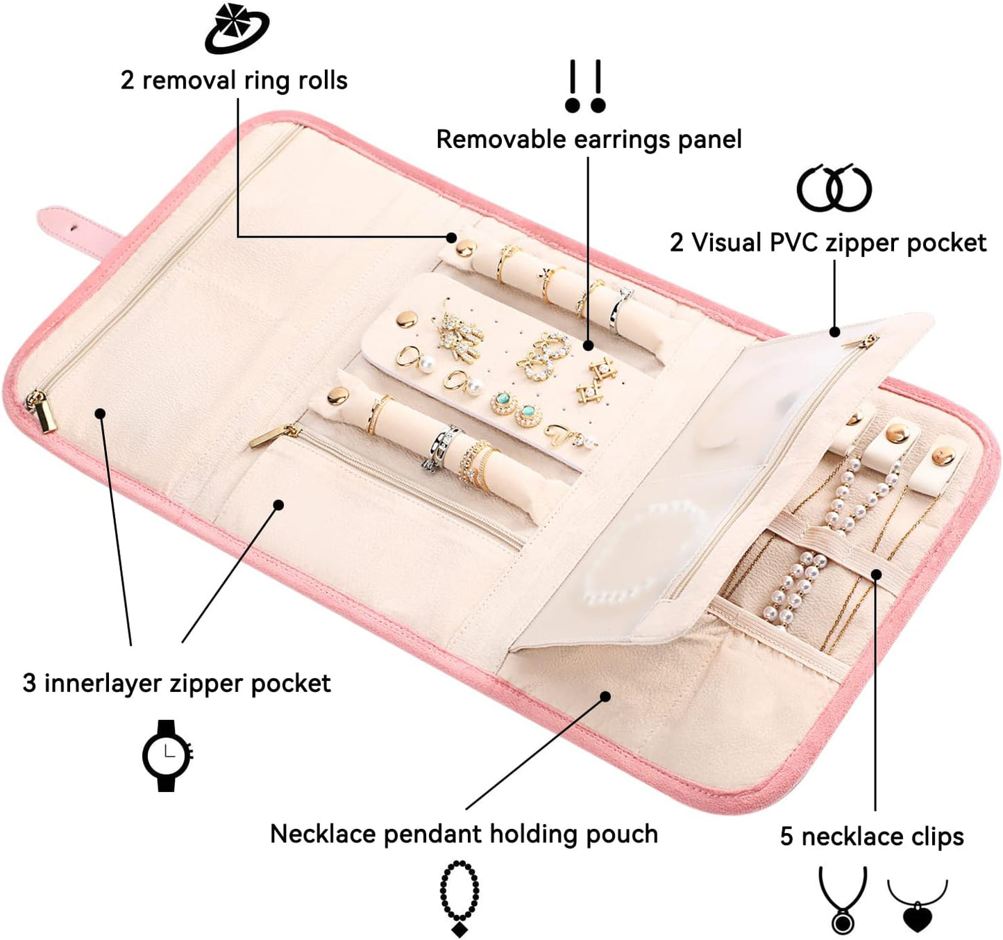 Voova Travel Jewelry Holder Organizer Case, Large Jewelry Storage Bag for Women Girls, Foldable Traveling Jewellery Pouch Roll for Necklaces Rings Earrings Bracelets, Pink