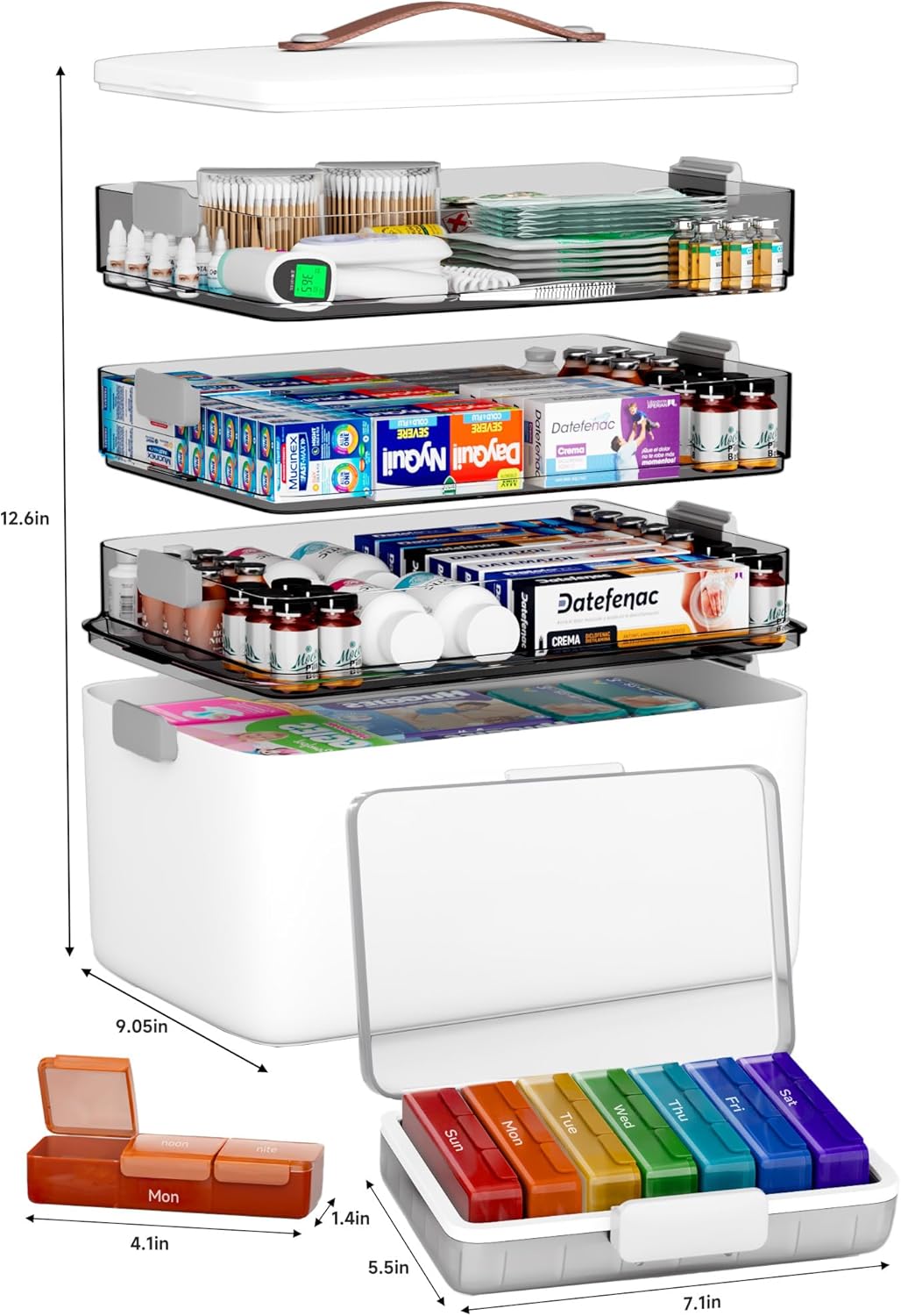 CTIME 4-Tier XL Medicine Organizer with Leather Handle - Portable Pill Case & Empty First Aid Kit for Home, Travel, RV, School, Dorm | Ideal Elderly Gift