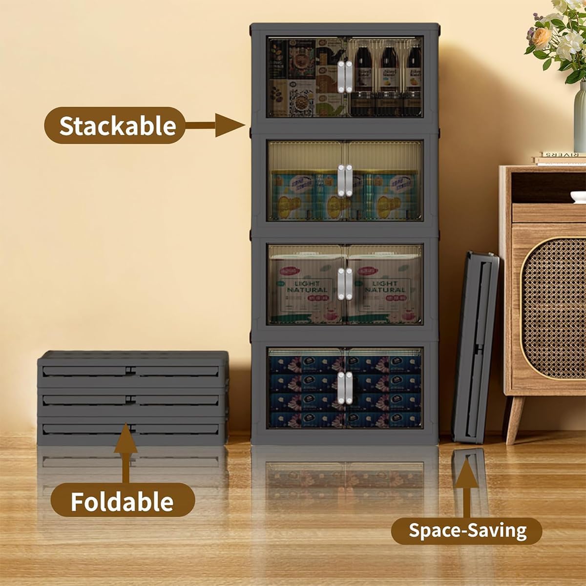 Stackable Storage Bins, Plastic Closet Organizer Folding Container with Lid & Wheel, Collapsible Storage Cabinet with Door, Foldable Storage Boxes for Home, Pantry, Office (L, Gray 3-Tier)