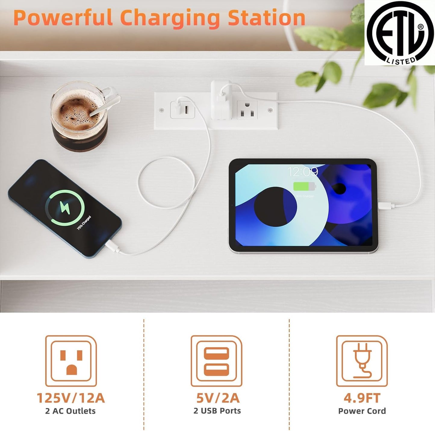 2 Pack Nightstand with Charging Station and LED Light, Modern Nightstand with USB Ports and Outlets, Wood Bedside Table with 2 Storage Drawers, Small Dresser for Bedroom Small Space, White