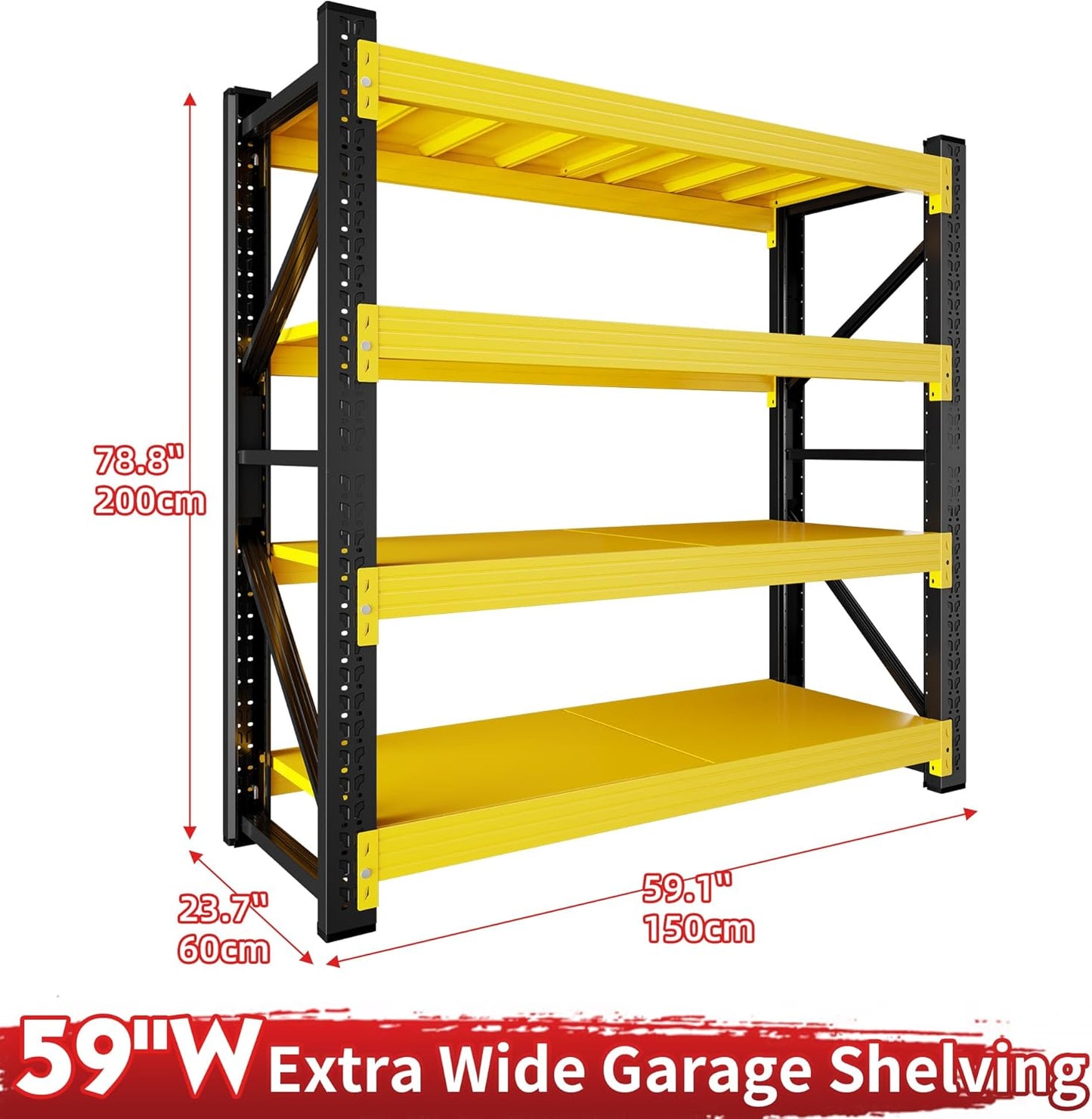 5000LBS Heavy Duty Garage Shelving 59" W Garage Storage Shelves 4-Tier Metal Adjustable Shelf Unit Storage Rack for Basement Supermarket Warehouse 59" W x 24" D x 78" H Yellow