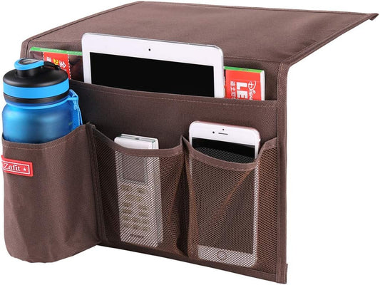 Bedside Storage Organizer - Table Cabinet Organizer Caddy for Remotes, Phone, Glasses (4 Pockets - Coffee)