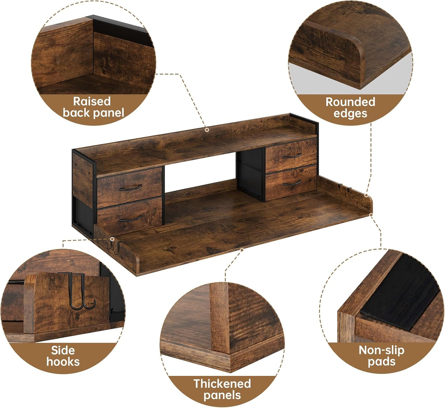4 Drawers Washer Dryer Countertop with Shelf, 27.5" D x 54" W Laundry Topper with 3.54" High Guardrails and Non-Slip Pads,Extra Storage Organizer for Over Washer and Dryer, Holds 66 Lbs,Vintage Brown