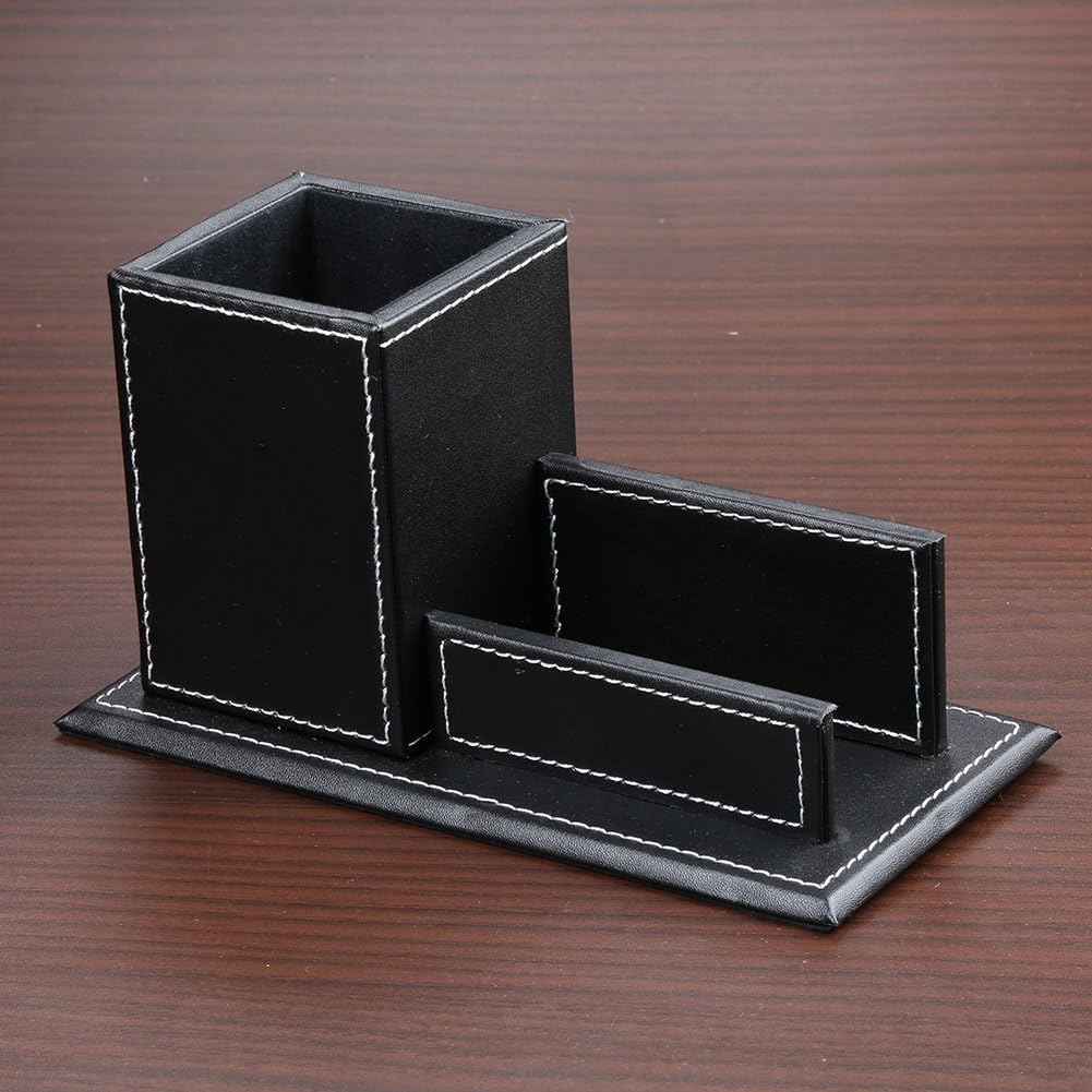 KINGFOM PU Leather Desk Organizer and Accessories, Pencil Holder for Desk with Business Cards Stand, School Office Supplies Collection Caddy Black