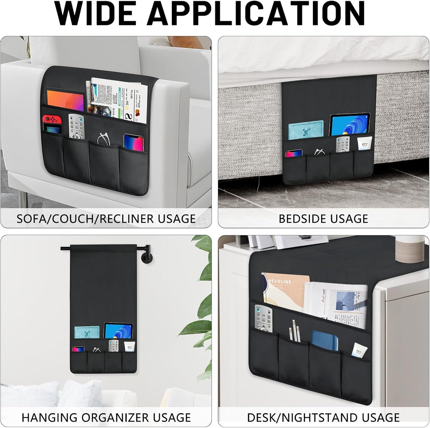 TV Remote Control Holder Couch Caddy, Non-slip Bedside Caddy Organizer with 5 Pockets for Key Glasses Phone Magazine Holders (Black, 35''x18'')