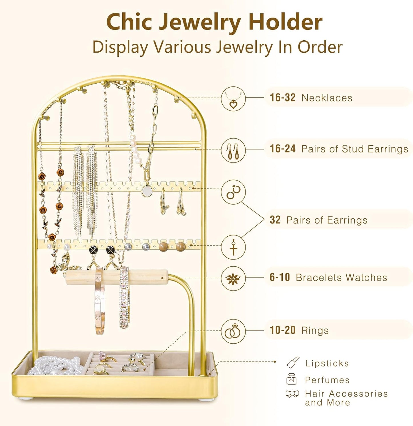Multi-Functional Jewelry Holder Organizer Necklace Display Stand Velvet Lined Bar for Rings 2 Tier with 18 Hooks, 32 Earring Holes - Sturdy and Durable, Easy Organization Gold