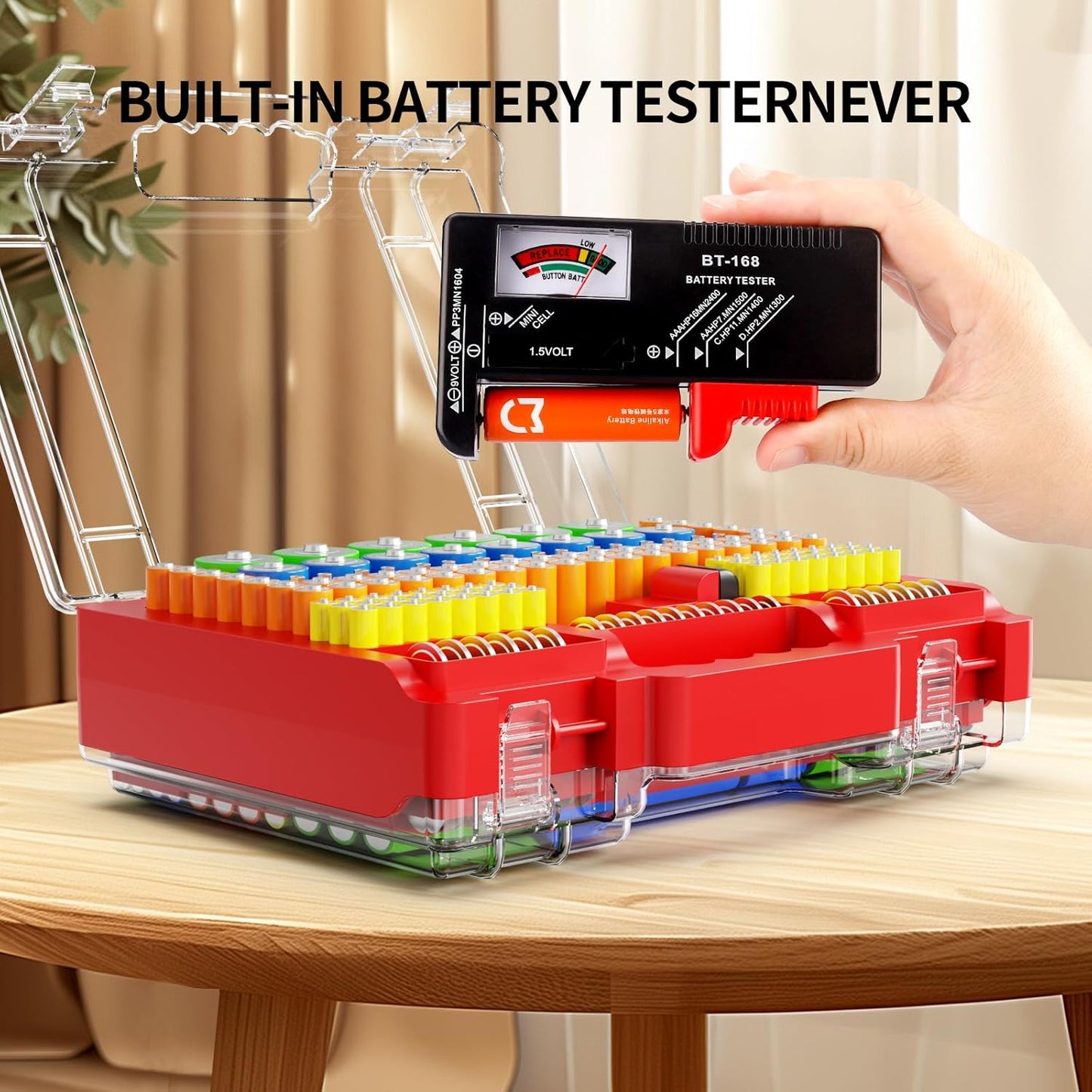 Battery Organizer Storage Holder Box Case with Tester, Stores & Protects Up to 260 Batteries, Double-Clear Locking Lid, Holds AA AAA C D and More (Not Includes Battery Pack) - Red