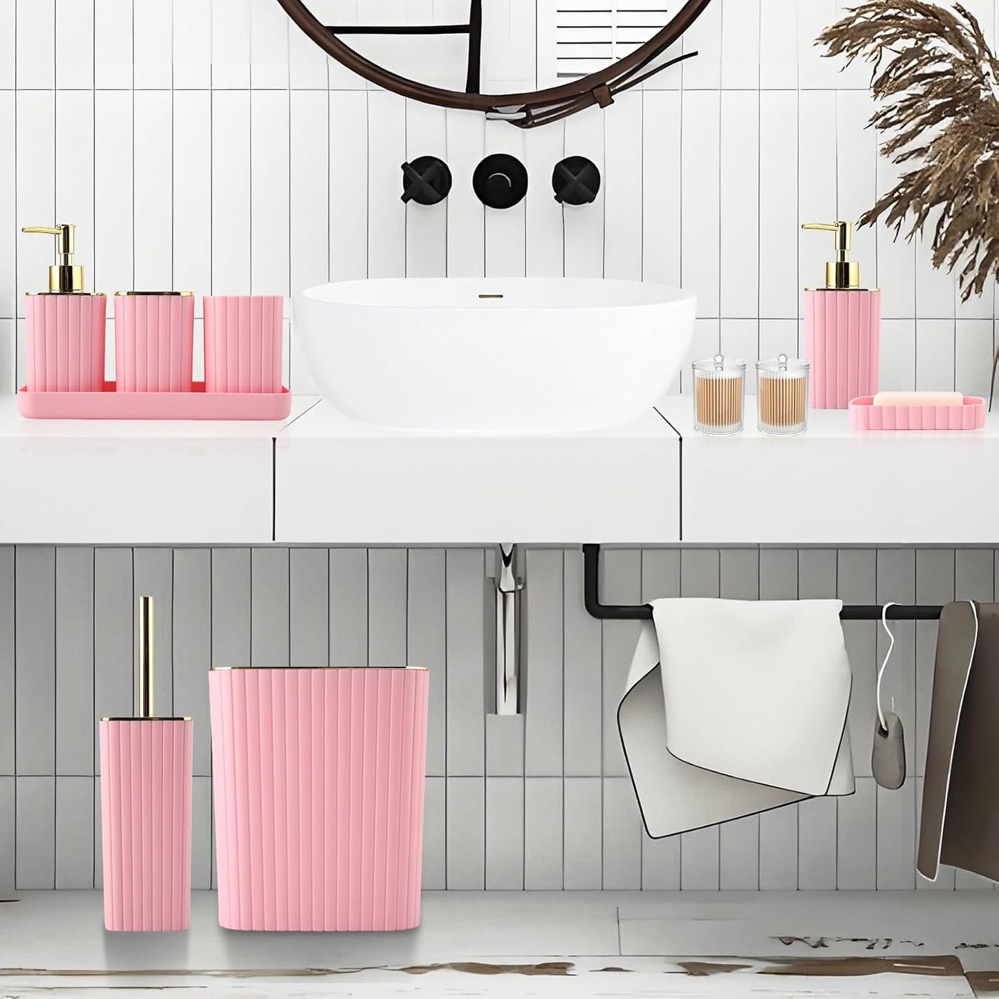 Pink Bathroom Accessories Set - Gorgeous Bathroom Set, 10PC Bathroom Accessory Set, Toilet Brush, Trash Can, Qtip Holder Dispenser & Soap Dispenser