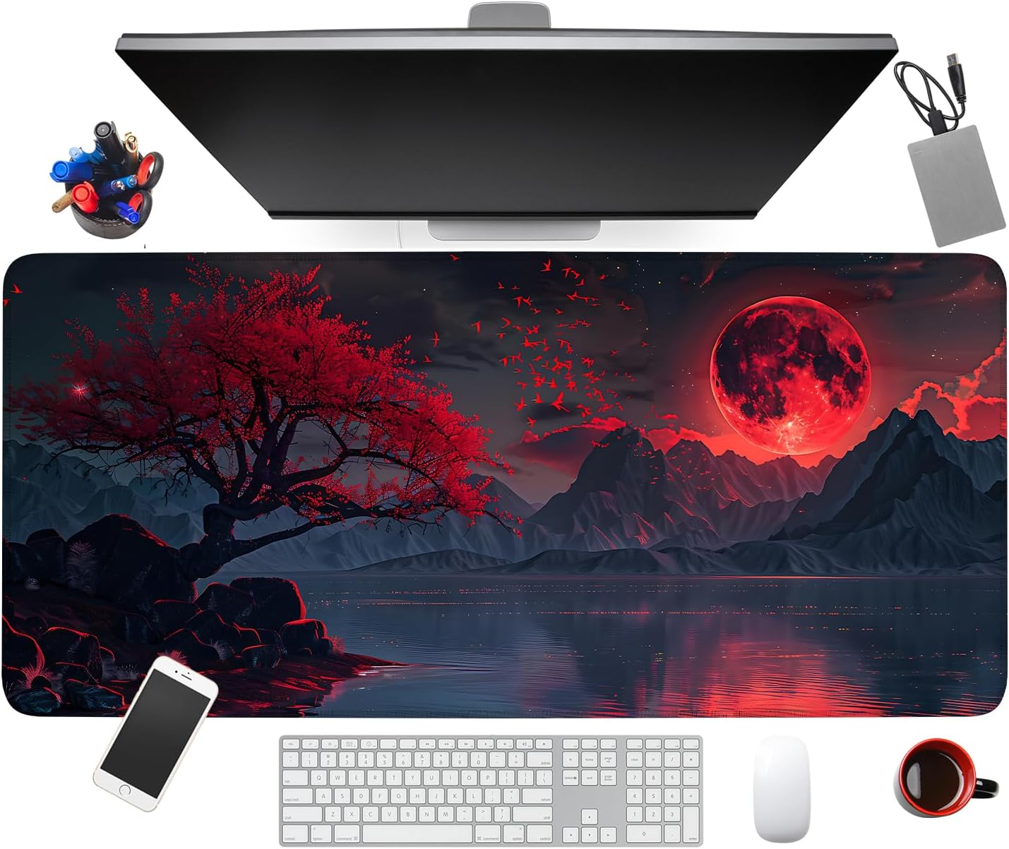 Large Mouse Pad, Red Moon Landscape Desk Mat, Extended Gaming Mouse Pad with Non-Slip Rubber Base, Thick 3mm Smooth Surface Keyboard Mat for Office & Home,35.5 x 15.8 in