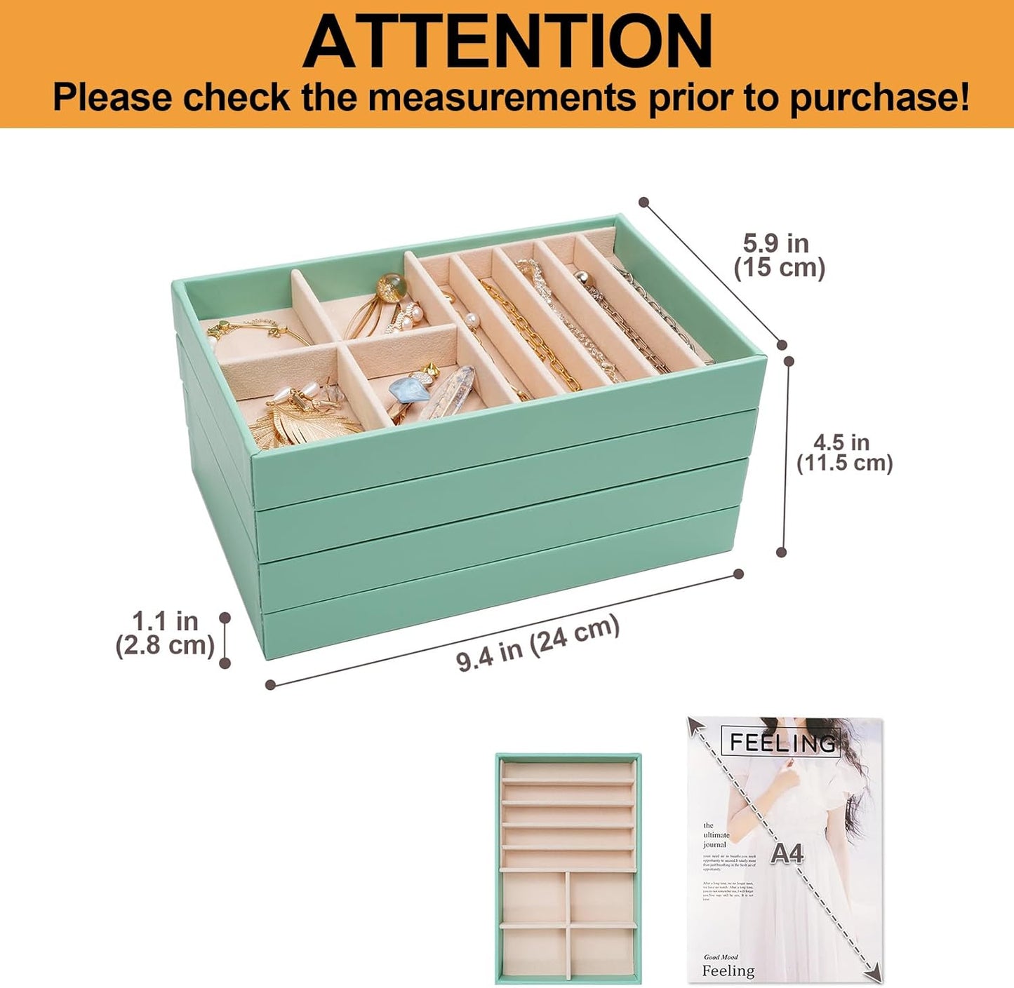 ProCase Stackable Jewelry Organizer Trays for Drawers, Jewelry Drawer Inserts Container Display Case Storage for Earring Necklace Rings Bracelet with Removable Dividers -Mint, 4 Layers