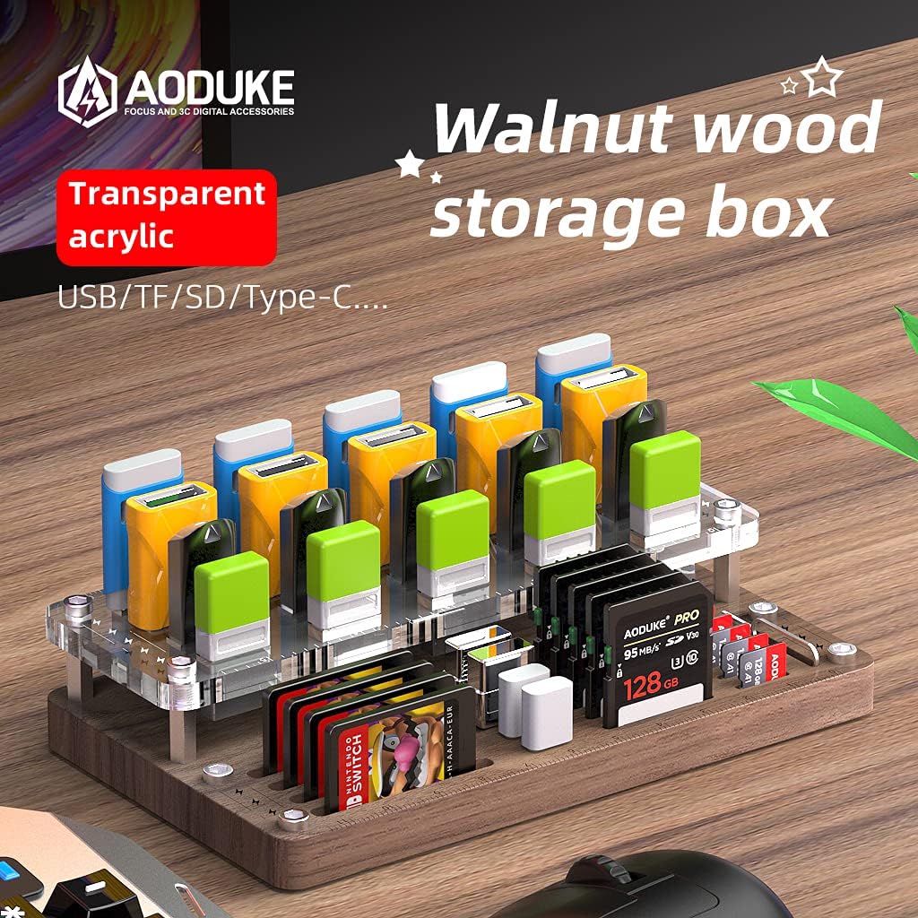 Wooden Memory Card Case for TF, SD, Micro SD Cards and USB Drives - Desk Holder and Carrying Case - AJSNH03MY